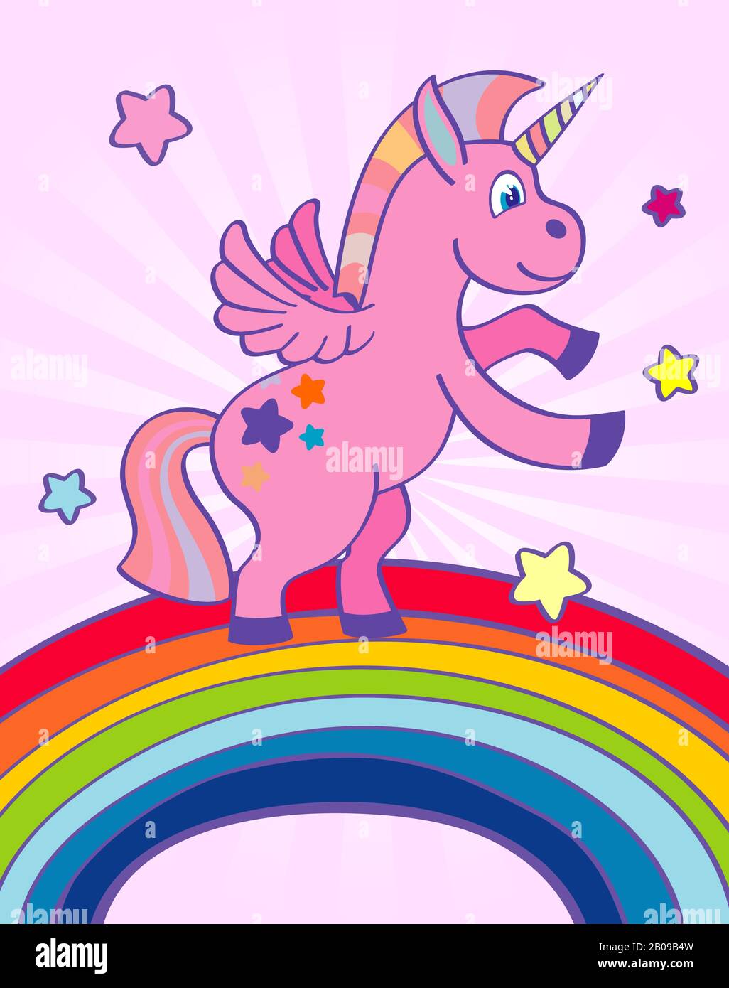 Danse unicorn rose dessinée à la main sur un arc-en-ciel. Animal fantasy à fête d'anniversaire. Illustration vectorielle Illustration de Vecteur