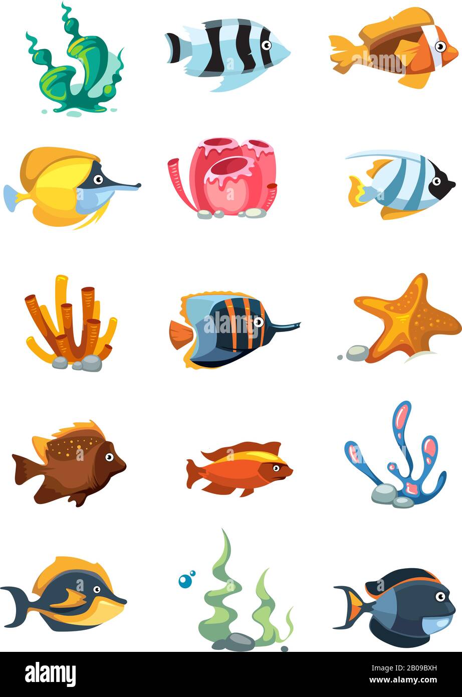 Objets de décor d'aquarium à dessin animé vectoriel, actifs sous-marins  pour jeux de téléphonie mobile. Poissons de mer de couleur pour l'aquarium  et l'illustration des récifs de corail de mer Image Vectorielle