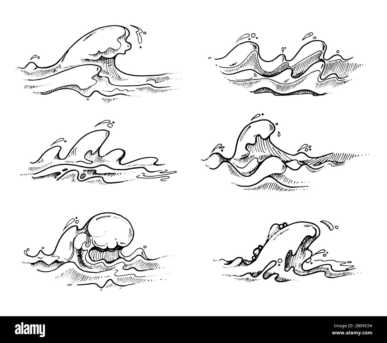 Courbes vectorielles tracées à la main en noir sur blanc. Élément de l'illustration linéaire de l'onde de mer Illustration de Vecteur