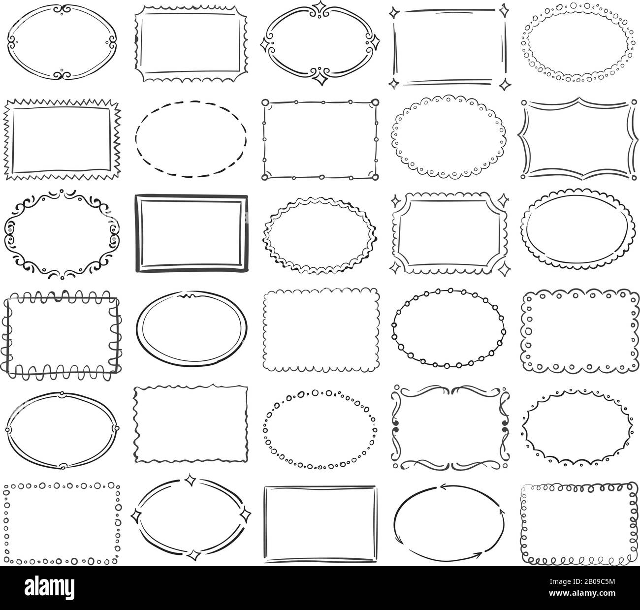 Hand drawn doodle vecteur ronds et carrés photo border frames. Retro Vintage frame croquis, dessin cadre pour bannière, photo et photo illustration Illustration de Vecteur