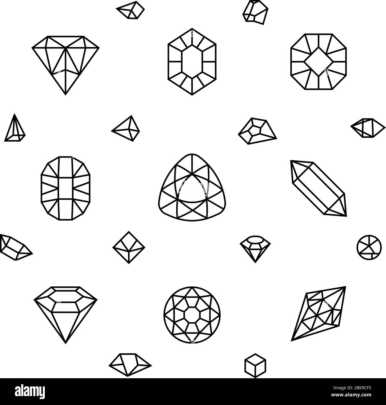 Formes géométriques en cristal tridimensionnel, losanges, pierres précieuses icônes vectorielles à fines lignes. Pierre de cristal linéaire, illustration de pierres de bijoux Illustration de Vecteur
