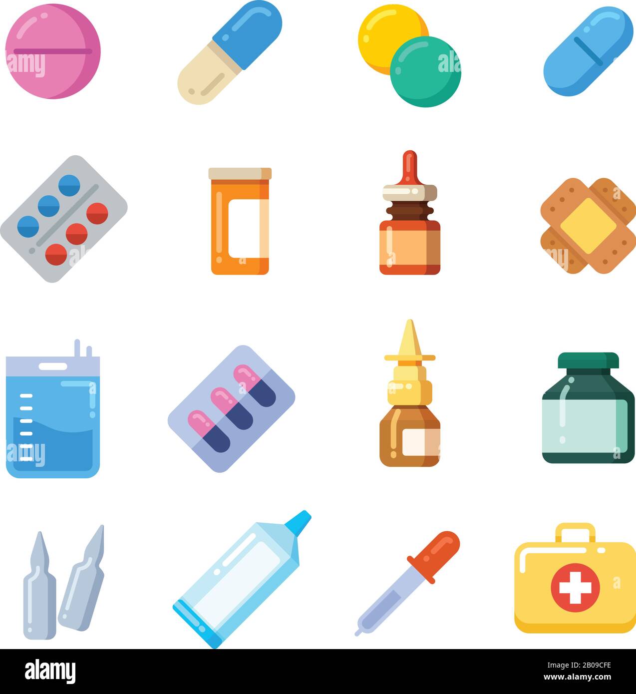 Médicament dessin animé pilule, médicament, table, antibiotiques, médicaments dose plates icônes. Icônes de couleur médicament, illustration des médicaments chimiques vitaminés Illustration de Vecteur