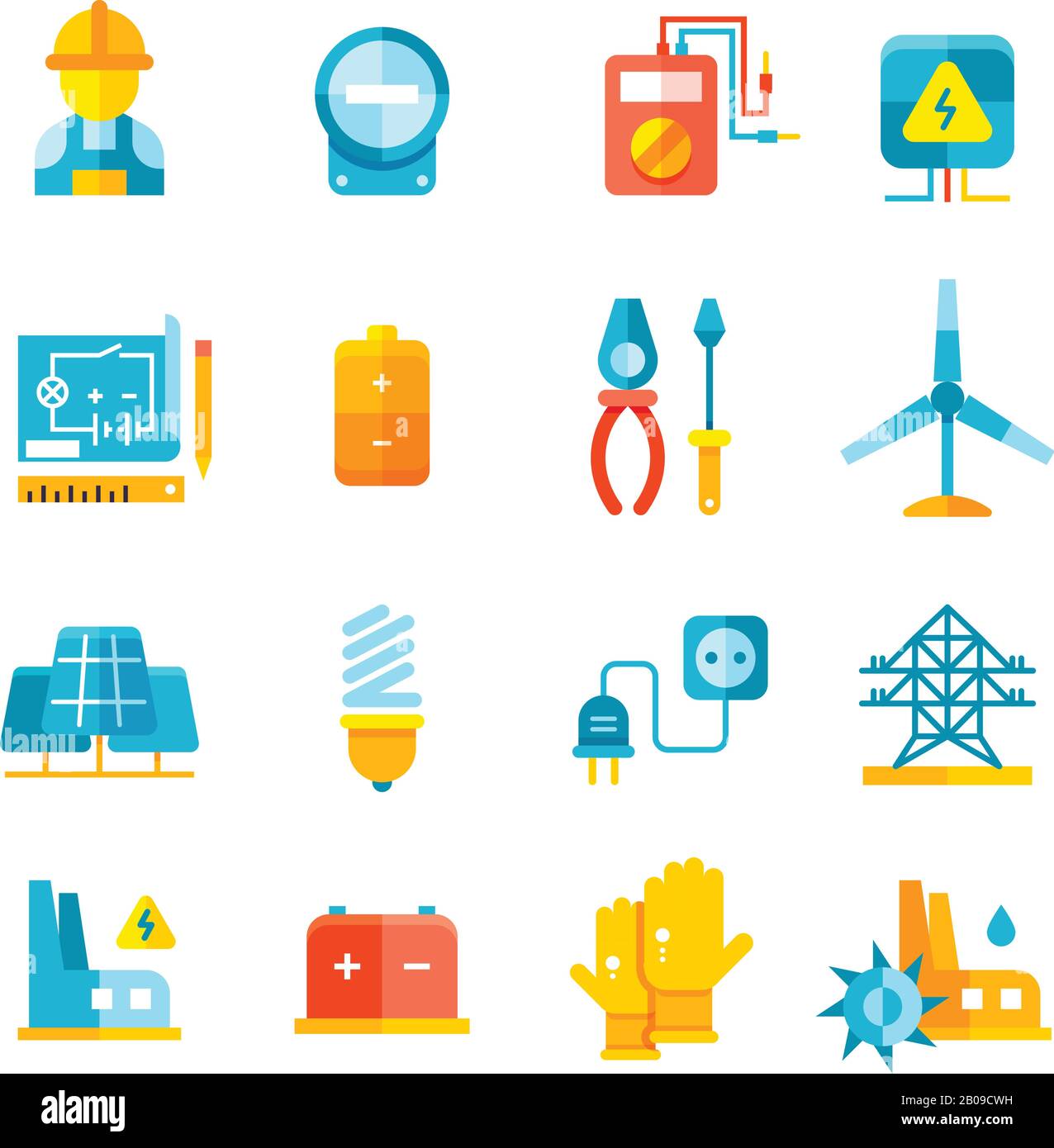Électricité, compteur électrique, équipement électrique, icônes vectorielles plates. Illustration de l'alimentation électrique industrielle et électrique alternative Illustration de Vecteur
