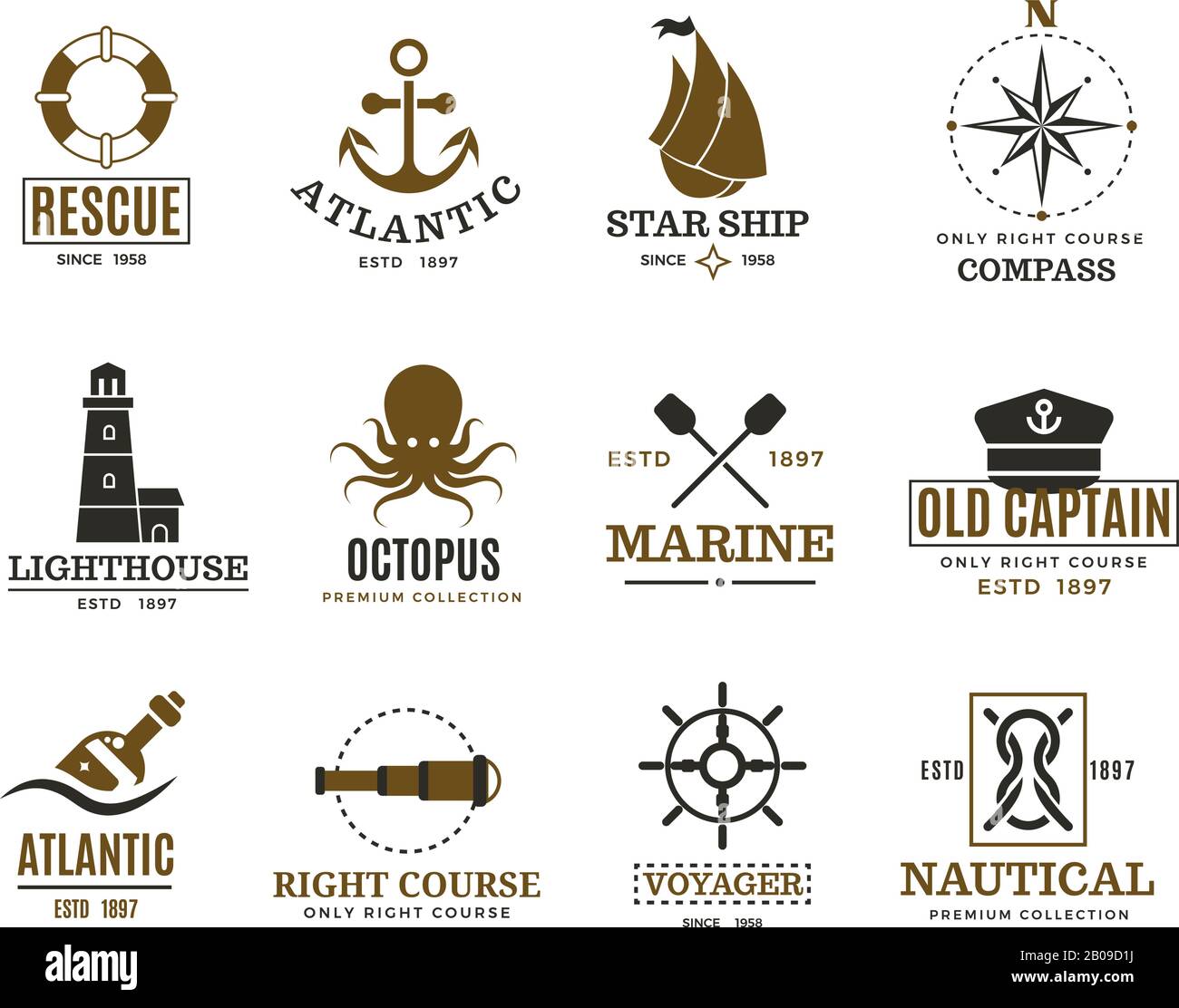 Vintage nautique, voile marine, étiquettes vectorielles de bateau de mer, insignes, logo. Logo marin de la mer, illustration de l'étiquette de la mer atlantique Illustration de Vecteur