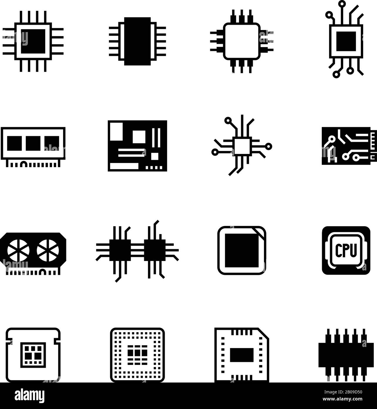 Puces électroniques informatiques, carte mère, vecteur de processeur matériel. Jeu d'icônes de processeur d'ordinateur, illustration du processeur de puce Illustration de Vecteur