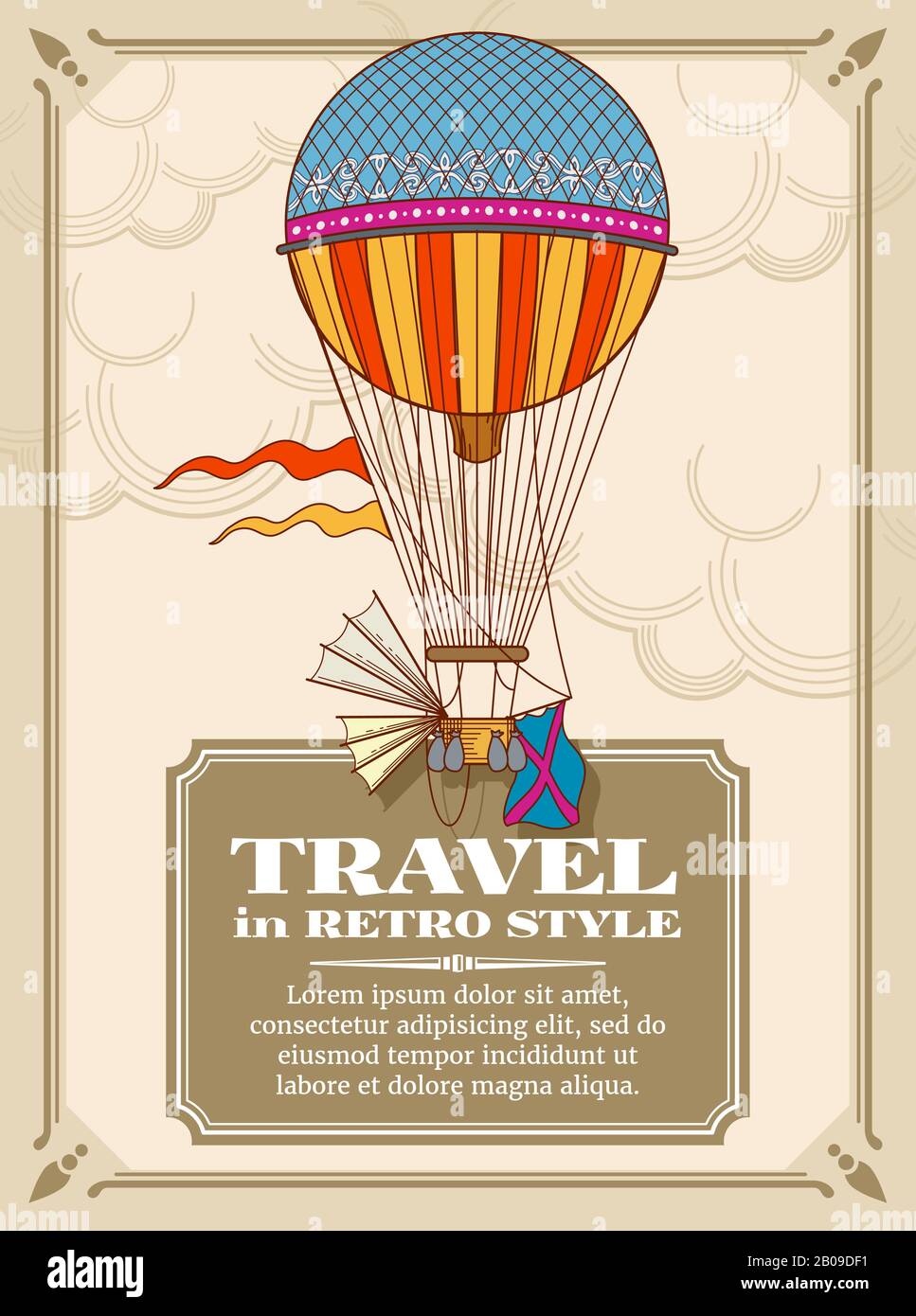 Bulles d'air chaudes dans le fond vectoriel du ciel. Ballon de transport vintage Freedom, illustration de la carte avec ballon chaud à air Illustration de Vecteur