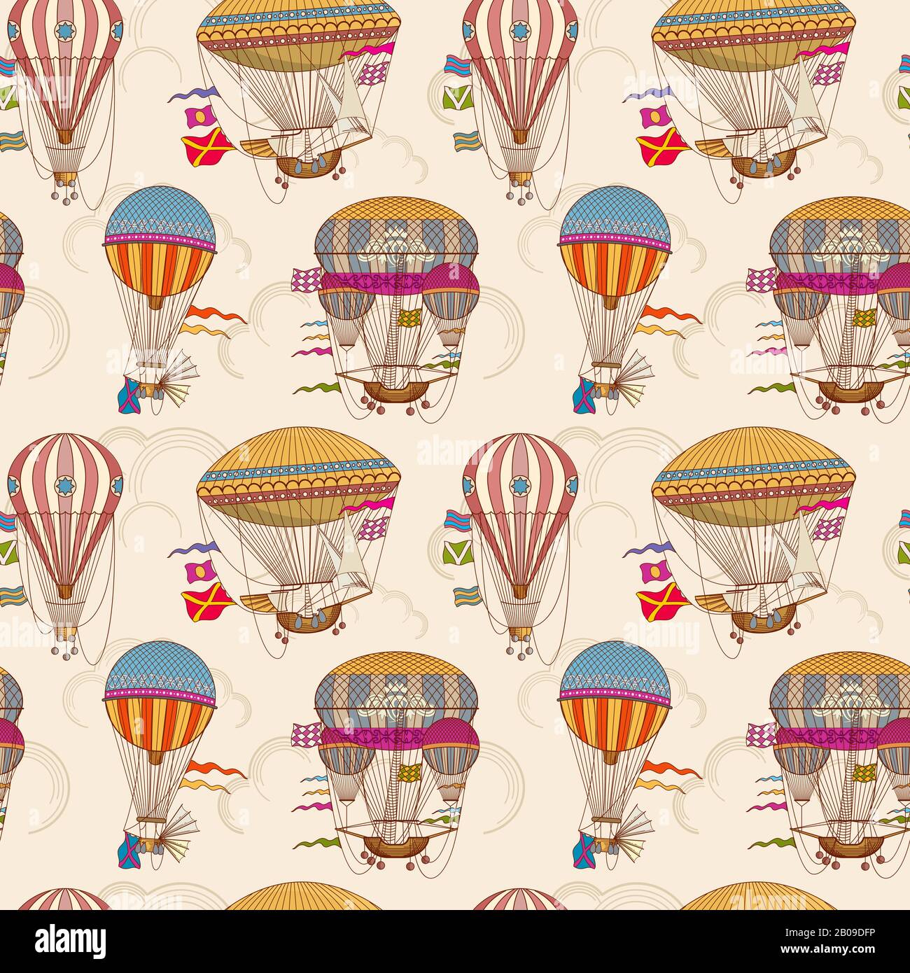 Air rétro ballons chauds sans couture enfants vecteur arrière-plan. Motif couleur avec illustration de bulles d'air à rayures Illustration de Vecteur