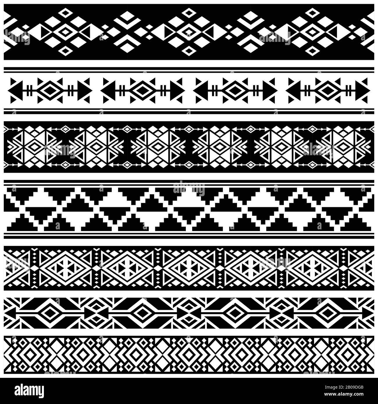 Frontières vectorielles tribales afro-américaines aztec et mexicaines, schémas. Monochrome de l'illustration tribale africaine Illustration de Vecteur