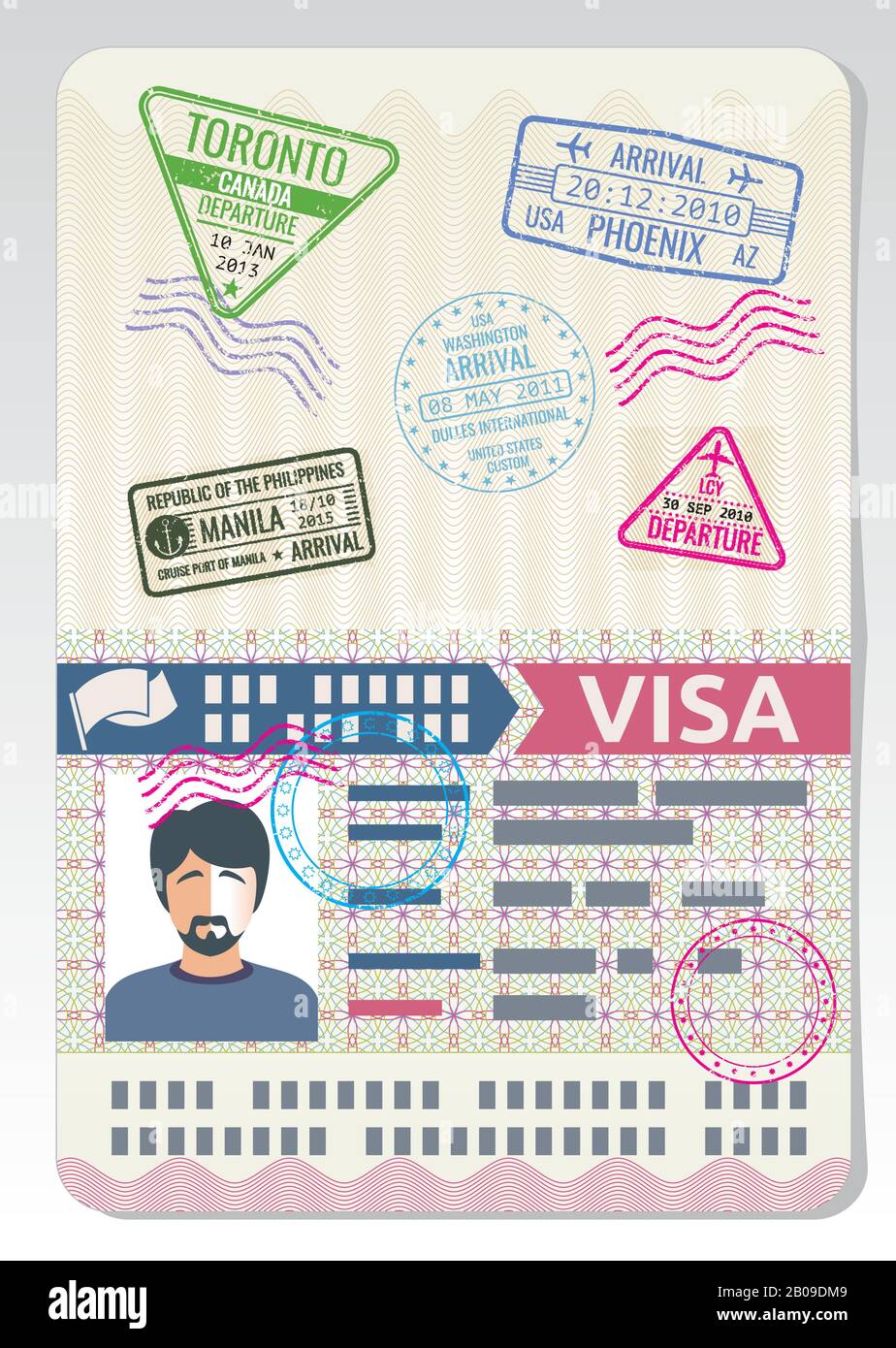Ouvrez un passeport personnalisé avec des timbres de visa. Concept vectoriel de voyage d'affaires. Passeport avec visa pour l'illustration du passage frontalier Illustration de Vecteur