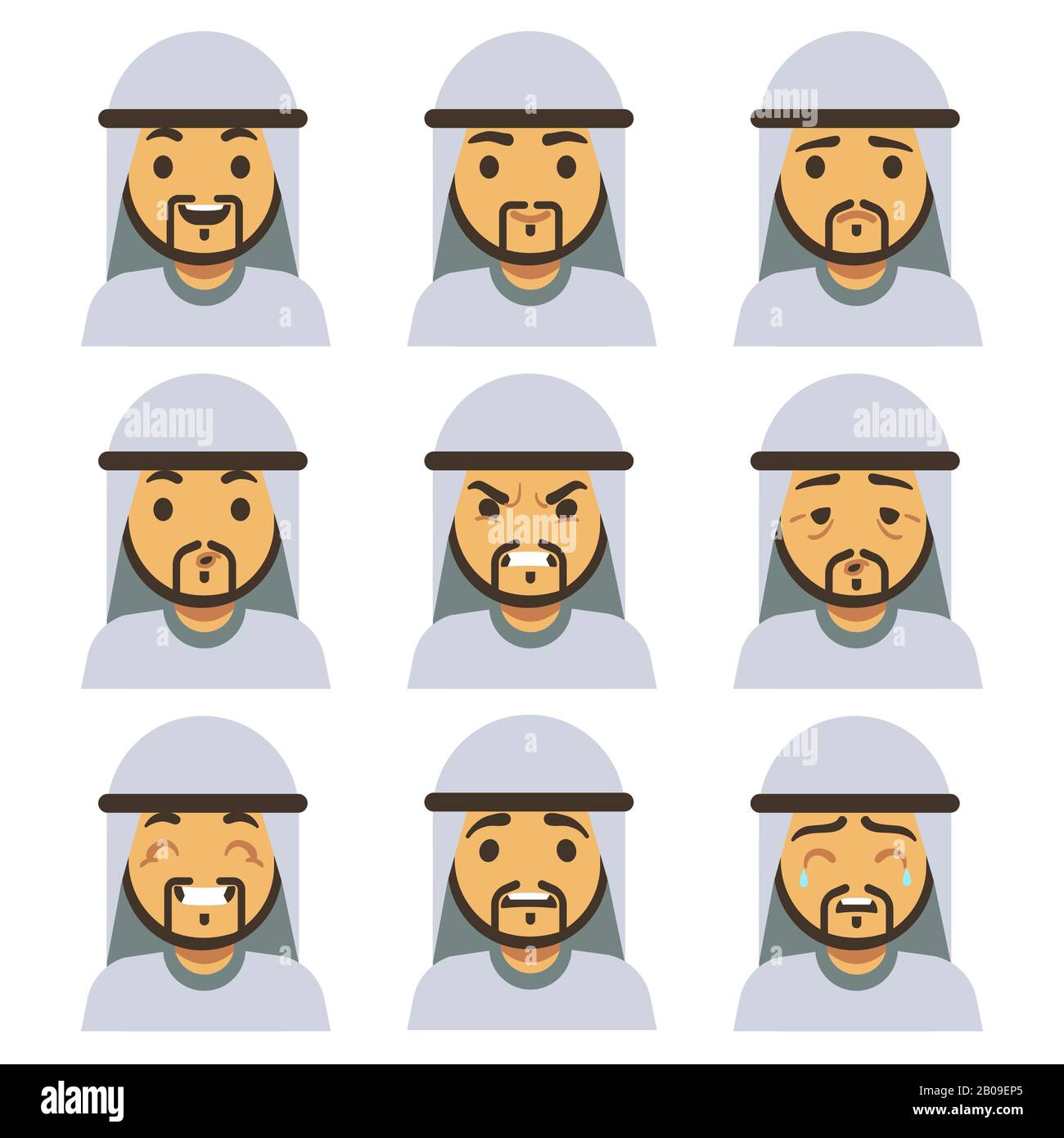 Les visages traditionnels de l'émotion de l'homme arabe, y compris sourire, triste, se mécisant, rire, heureux visage vecteur ensemble. Illustration des émotions l'homme arabe pleurer et se fâcher Illustration de Vecteur