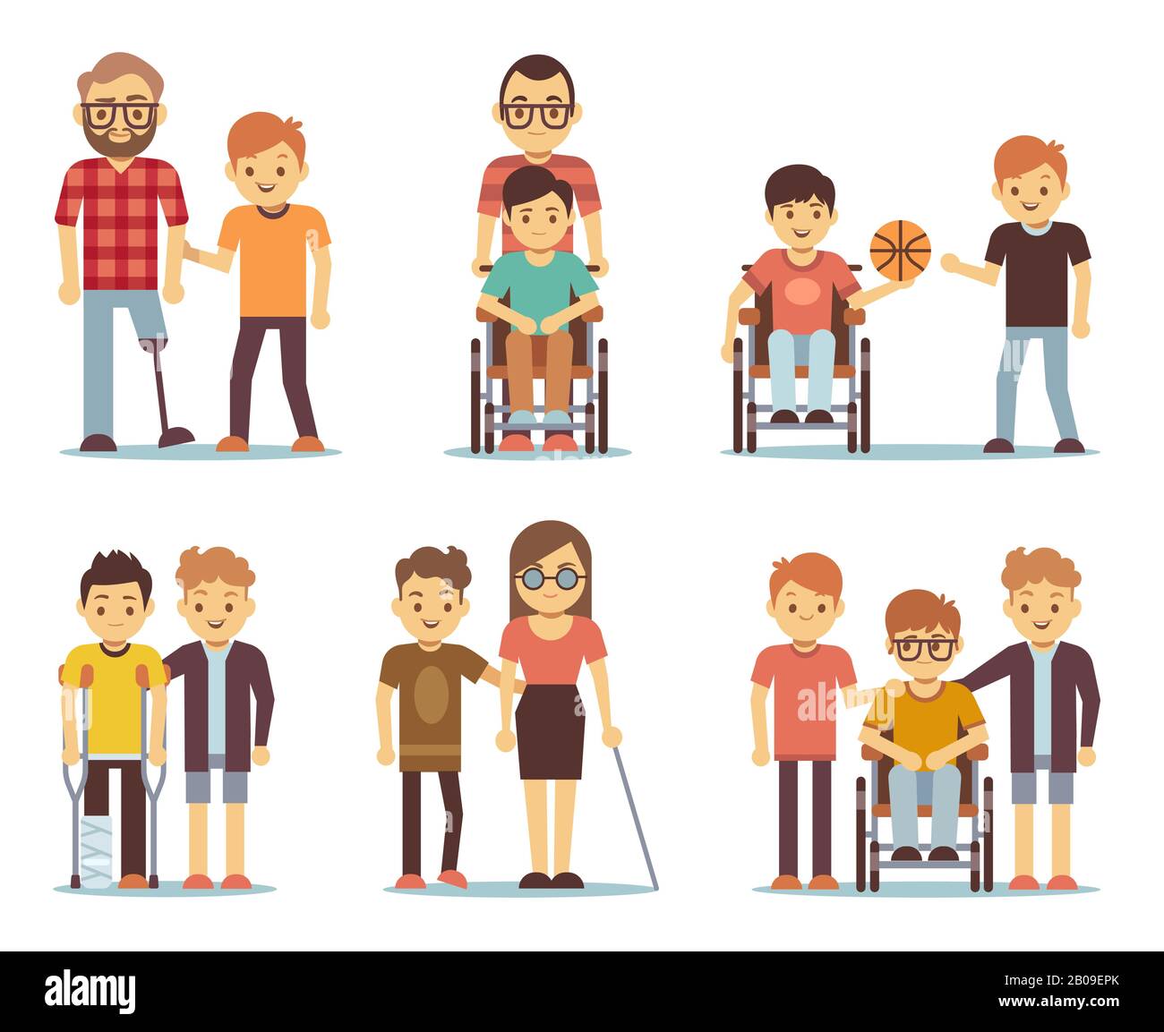 Les personnes handicapées et les amis les aidant à créer des vecteurs. Icônes de soins pour personnes handicapées. Aide et support pour l'illustration désactivée Illustration de Vecteur