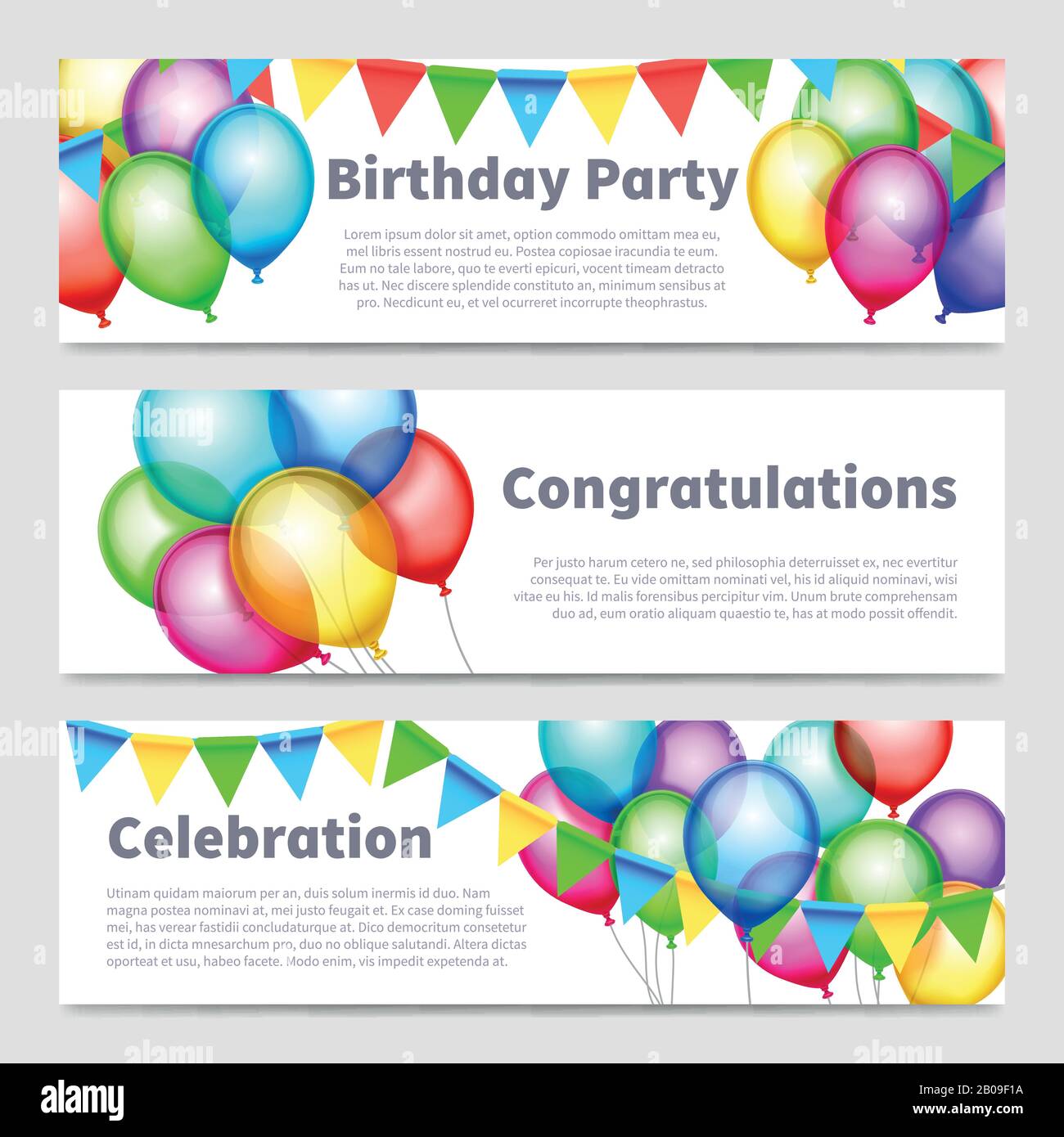 Banderoles de fête d'anniversaire avec vecteur de ballons arc-en-ciel de célébration. Ensemble de bannières pour anniversaire, affiche d'anniversaire multicolore avec illustration aérienne Illustration de Vecteur