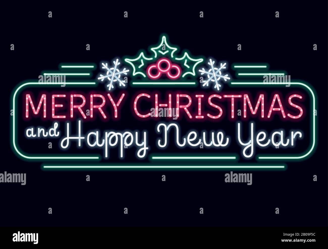 Néon joyeux noël et heureux signe vectoriel de nouvelle année, Noël lumières shopping panneau Illustration de Vecteur