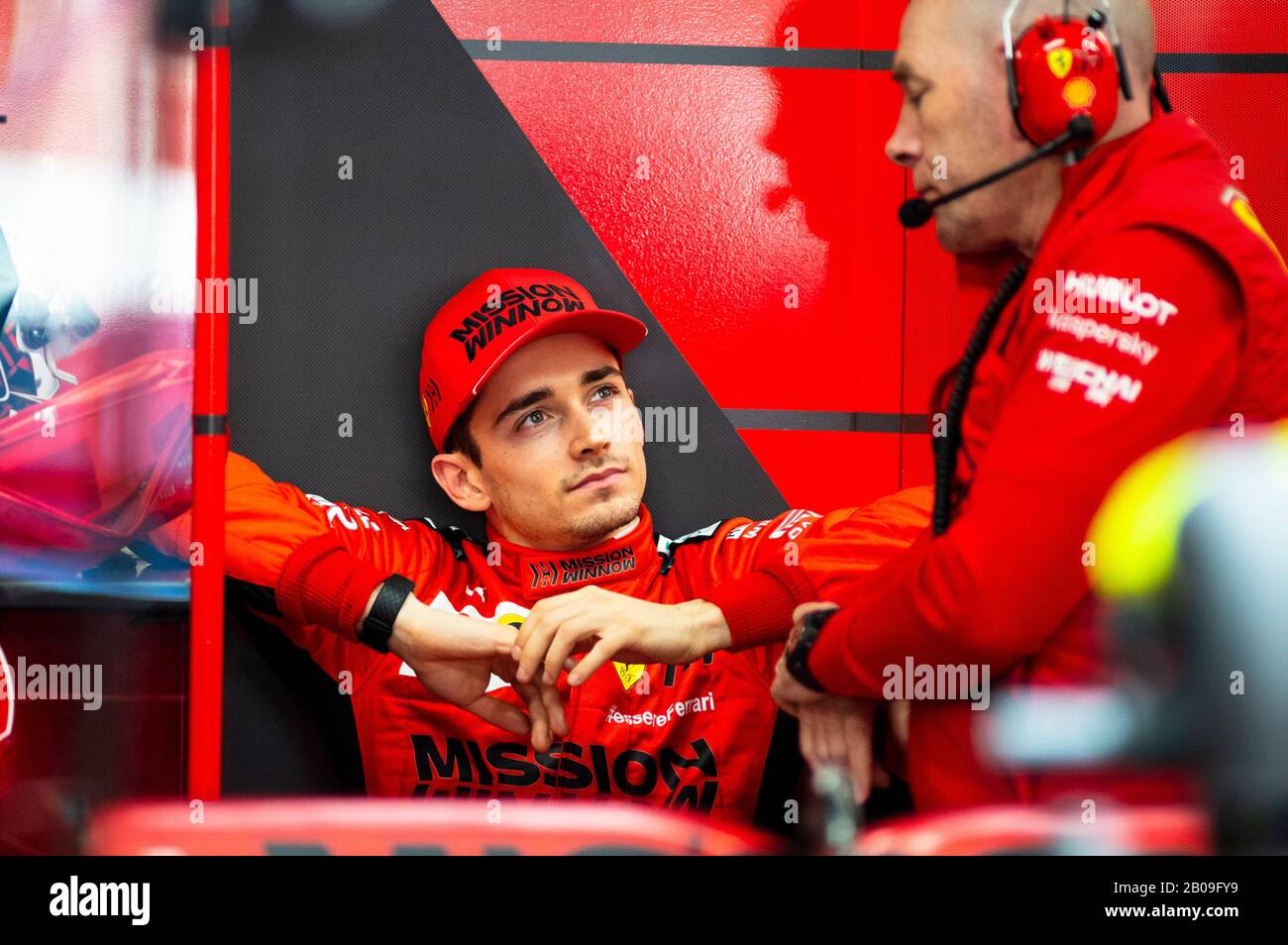 19 février 2020; circuit de Barcelone, Barcelone, Catalogne, Espagne; Formule 1 Test préliminaire Une; Charles Leclerc de l'équipe Ferrari dans le garage pendant les Journées d'essai de Formule 1 au circuit de Catalunya Banque D'Images