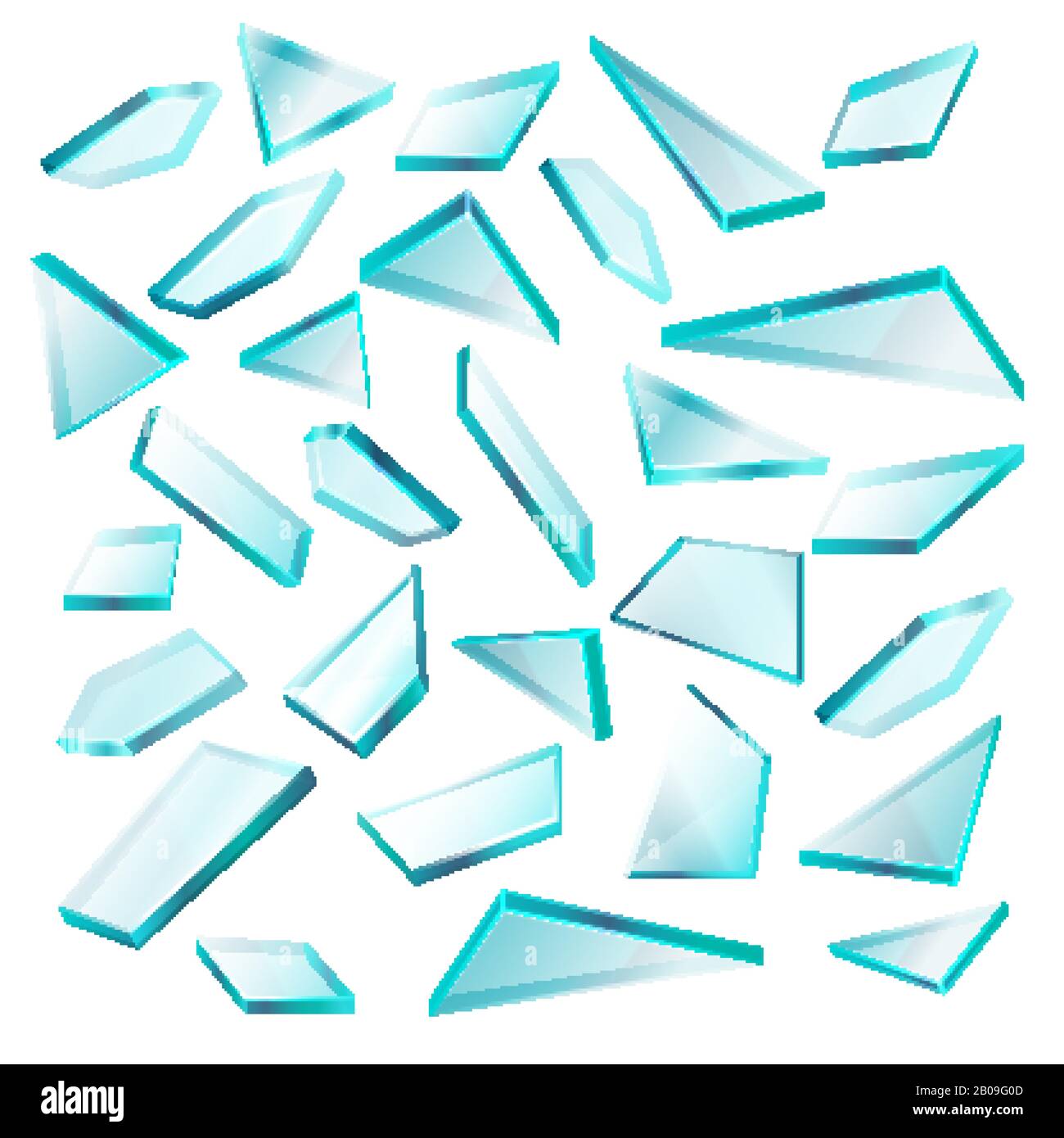 Éclats de verre brisés isolés sur un jeu de vecteurs blancs. Transparent de verre à fragments tranchants, illustration de verre à forme brisée Illustration de Vecteur