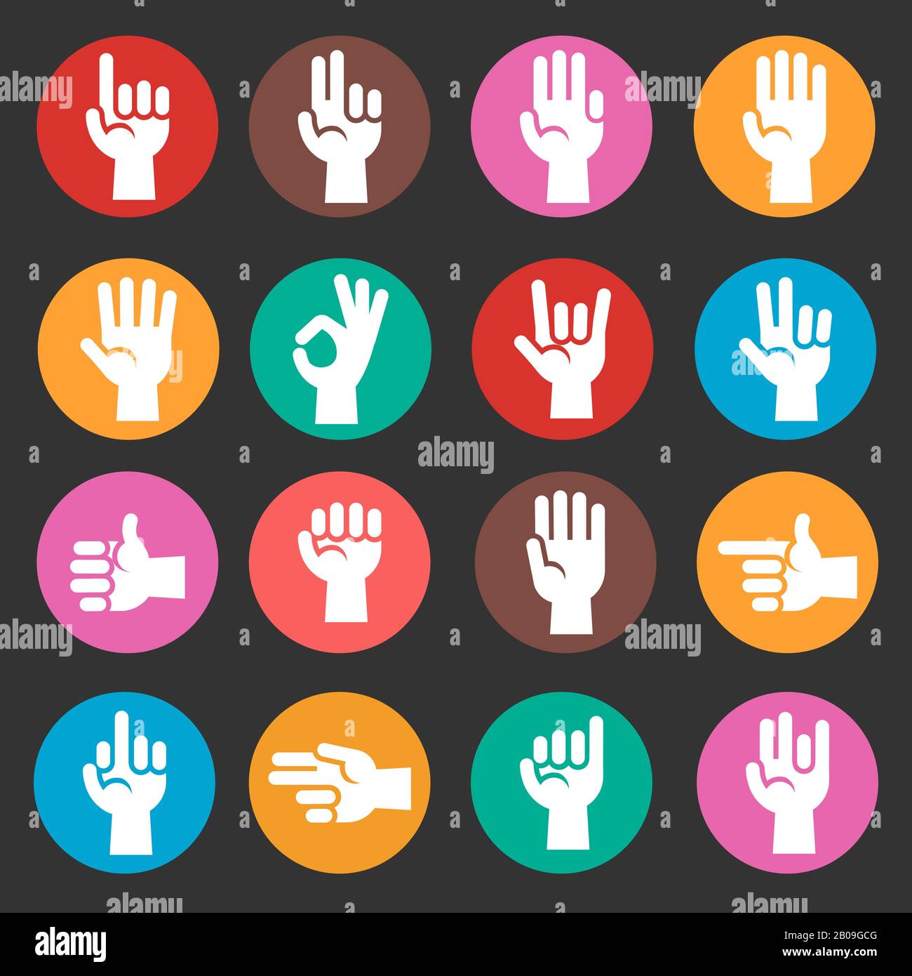 Les gestes des mains sont définis dans des icônes d'illustration vectorielles de forme ronde et colorée Illustration de Vecteur
