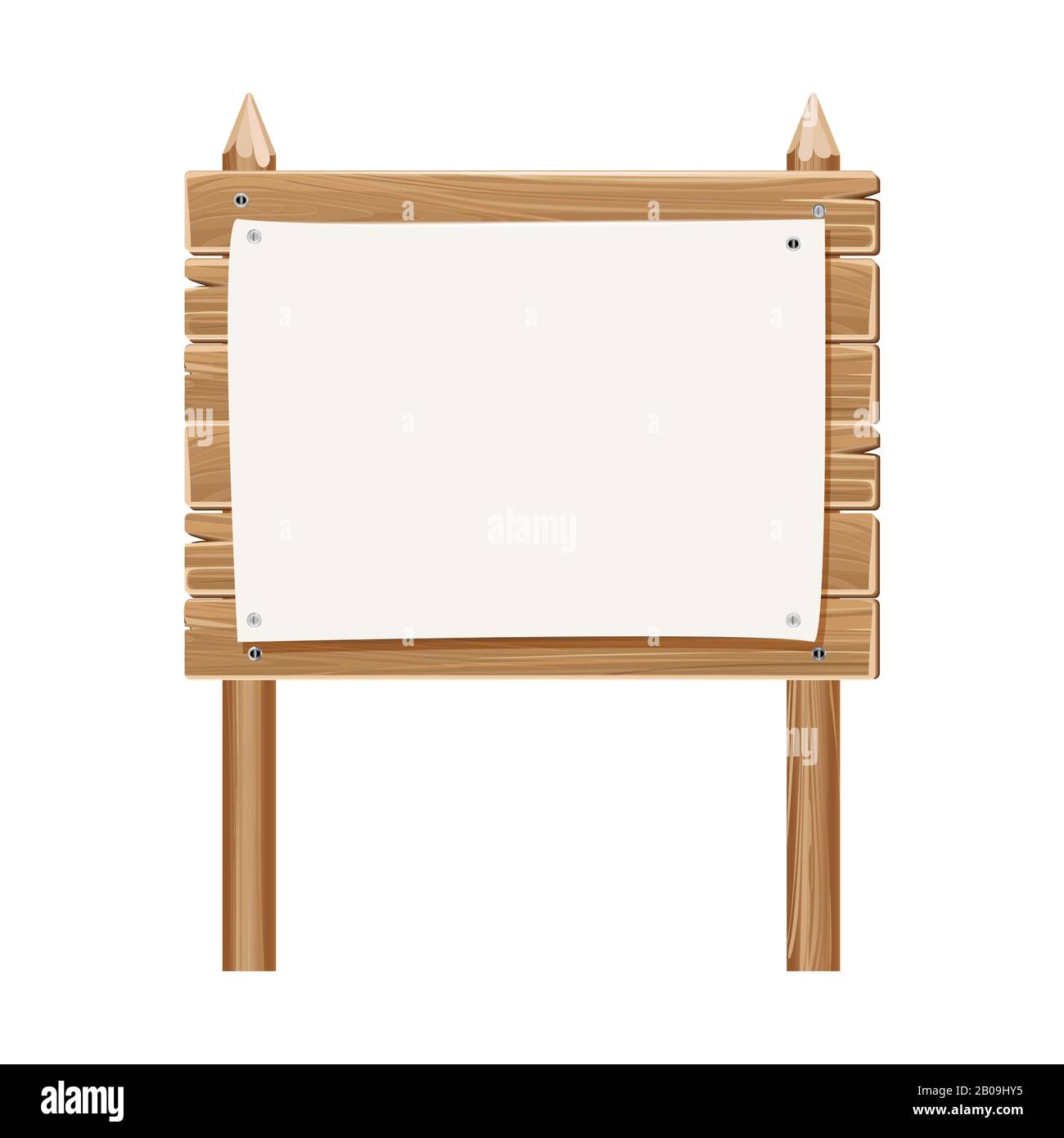 Panneau d'affichage blanc en bois avec papier isolé sur blanc. Panneau en bois avec illustration de feuille de papier Illustration de Vecteur