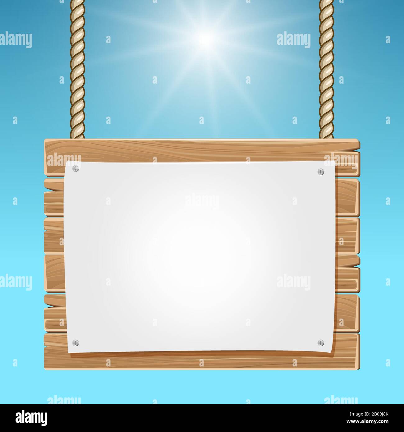 Panneau d'affichage blanc en bois suspendu ciel bleu. Panneau en bois avec illustration de feuille de papier vierge Illustration de Vecteur