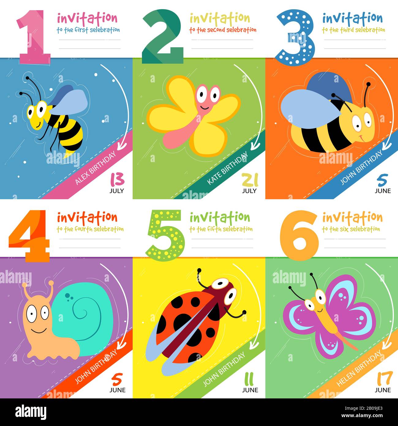 Enfants anniversaire cartes d'invitation avec de jolis insectes insectes vecteur. Ensemble d'invitation à l'anniversaire, illustration design carte d'invitation Illustration de Vecteur