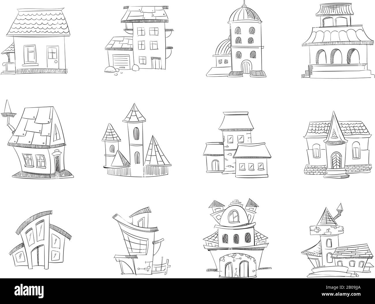 Mignons maisons tracées à la main avec fenêtres, logement de caniche, ensemble de maisons à dessin vectoriel. Esquisse linéaire de la maison de banlieue, l'ilustation de la maison au crayon Illustration de Vecteur
