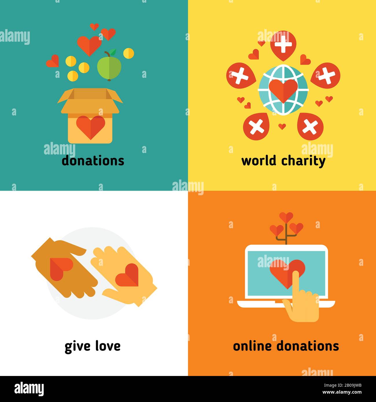Œuvres de bienfaisance et dons, services d'aide sociale, travail bénévole, organisation à but non lucratif concepts vectoriels plats. Dons en ligne et charité mondiale, don dans l'illustration de la boîte Illustration de Vecteur