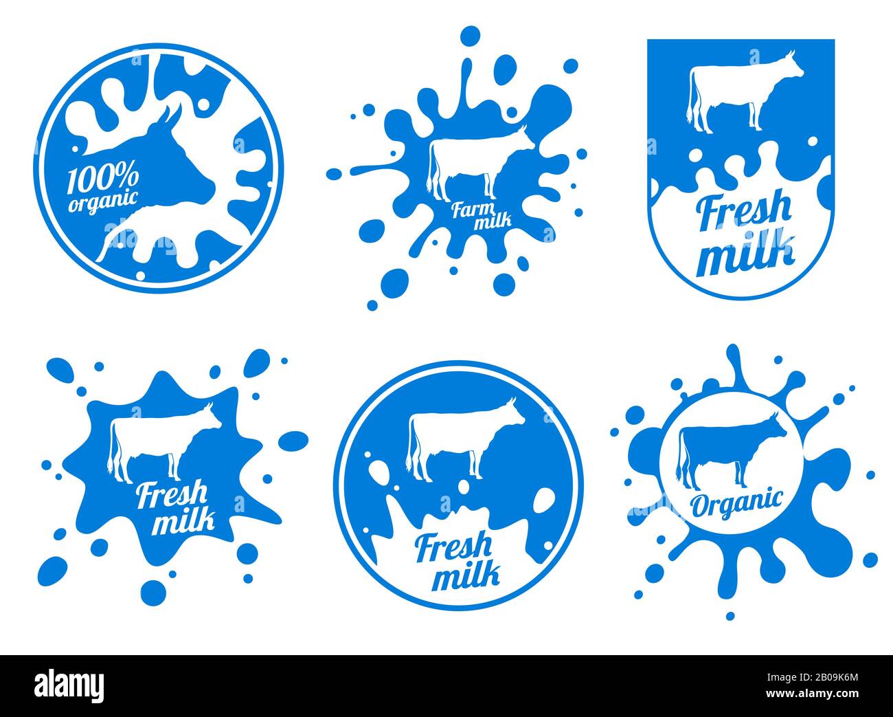 Logos vectoriels millésimés laitiers, badges à lait, étiquettes d'emballage à fromage avec animaux de ferme. Badge laitier du kit, étiquette du produit de lait frais et illustration du badge Illustration de Vecteur