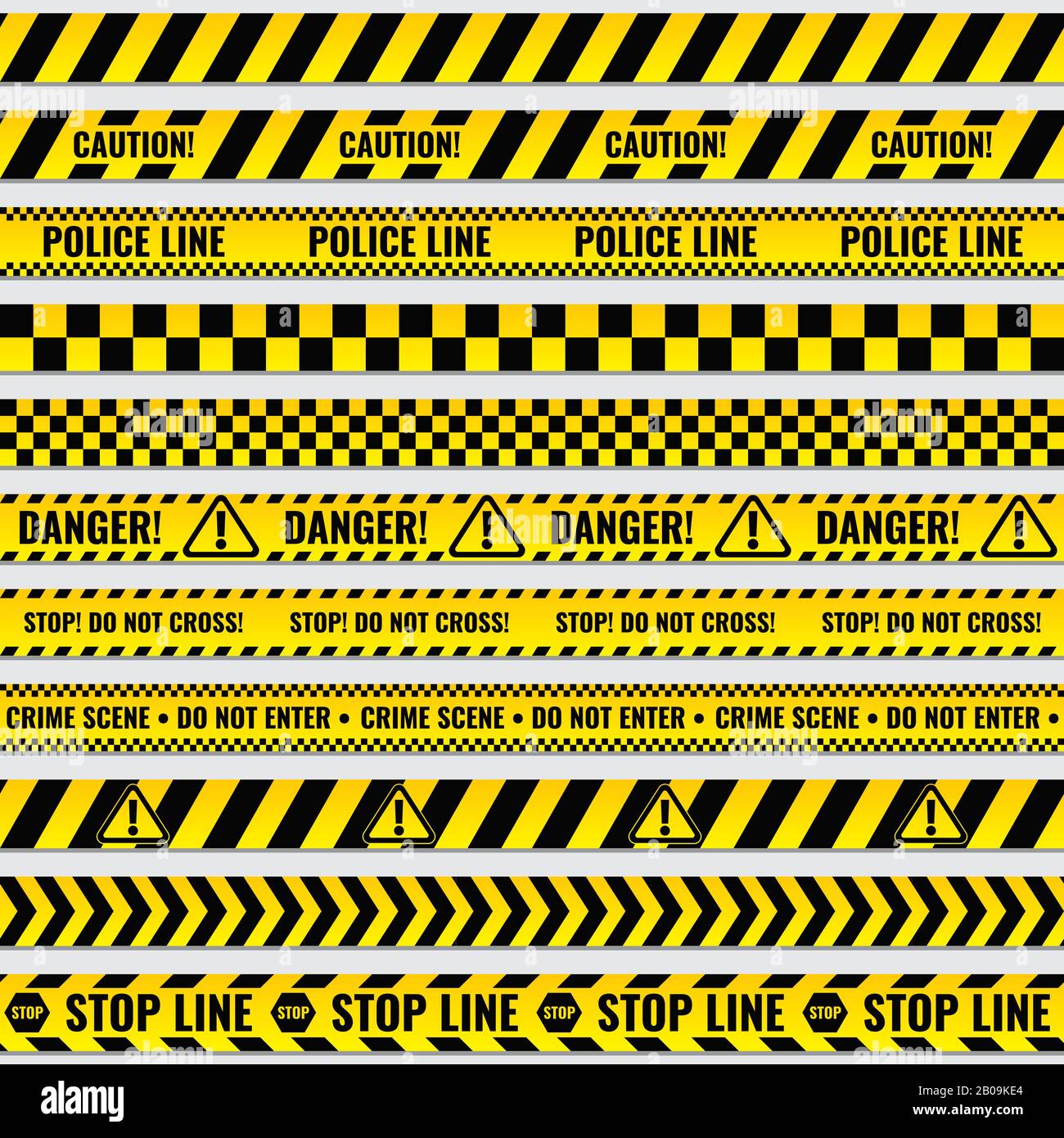 Bordure à bande de police noire et jaune, construction, danger attention bandes transparentes jeu de vecteurs. Ligne de police pour la scène de crime d'escrime, illustration des barrières de police Illustration de Vecteur