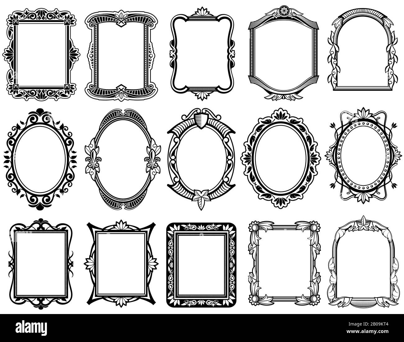 Cadres ronds, ovales, rectangulaires vintage victorien, baroques vectoriels. Ensemble d'illustrations à motifs floraux élégants Illustration de Vecteur