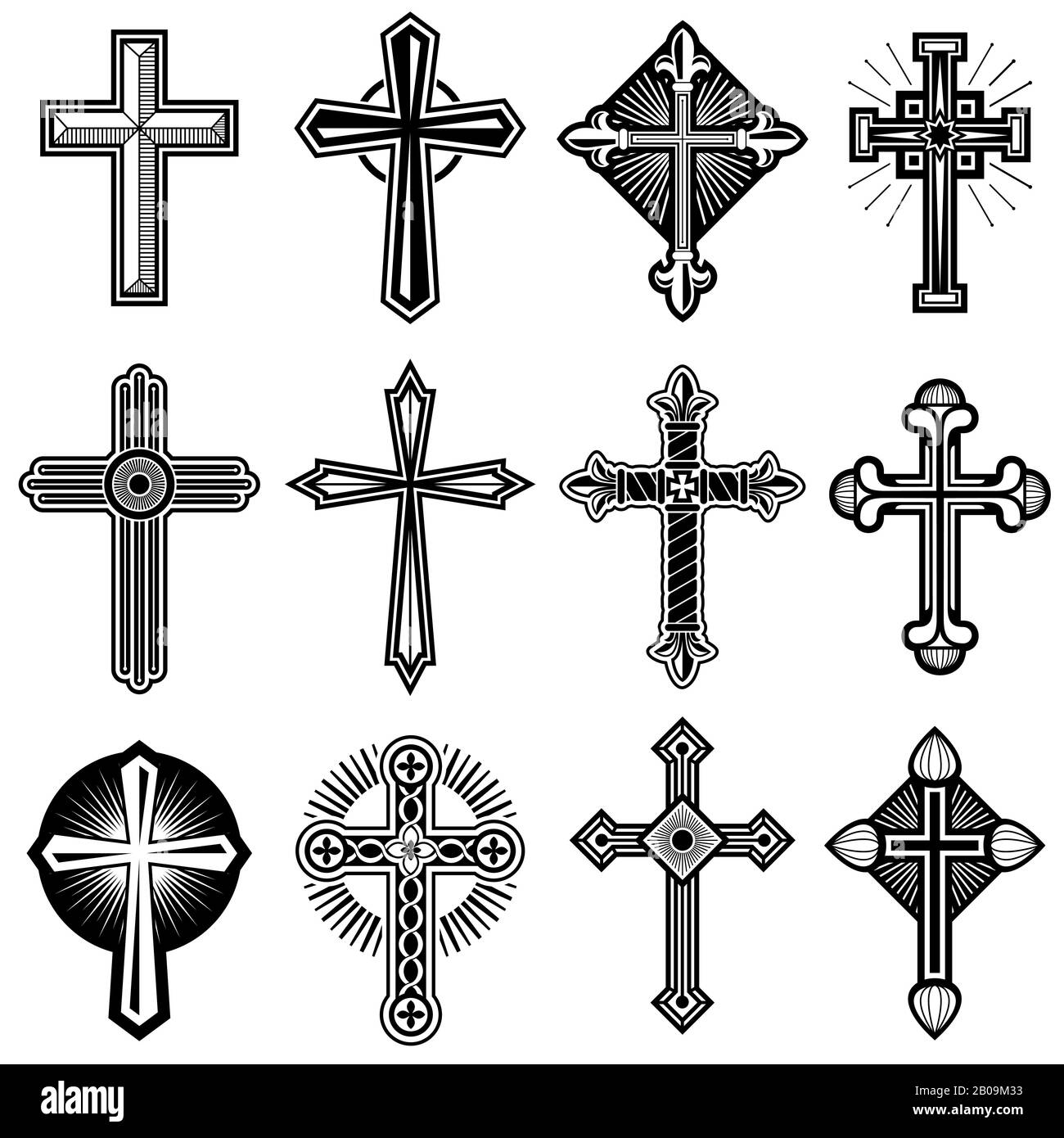 Croix chrétienne catholique avec des icônes vectorielles ornementales. Ensemble de croix religieuses, illustration de la croix noire blanche du christ Illustration de Vecteur
