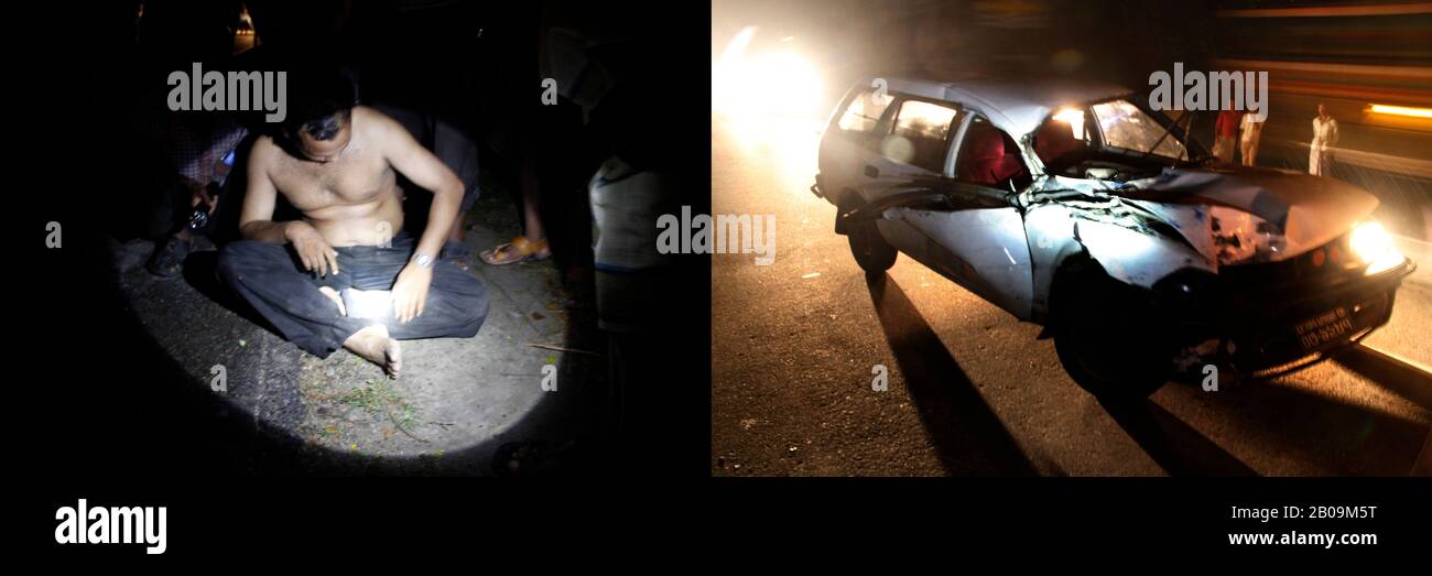 Un homme examine sa jambe blessée après un accident de la route sur l'autoroute Dhaka-Sylhet. Sa voiture (à droite) est entrée en collision avec un camion de vitesse de la direction opposée à 1:28 du matin. Le conducteur du chariot s'est enfui de l'endroit. Bangladesh. 27 Juin 2011. Une des images de photo Story, Tears on Highways, de Noor Alam. Banque D'Images