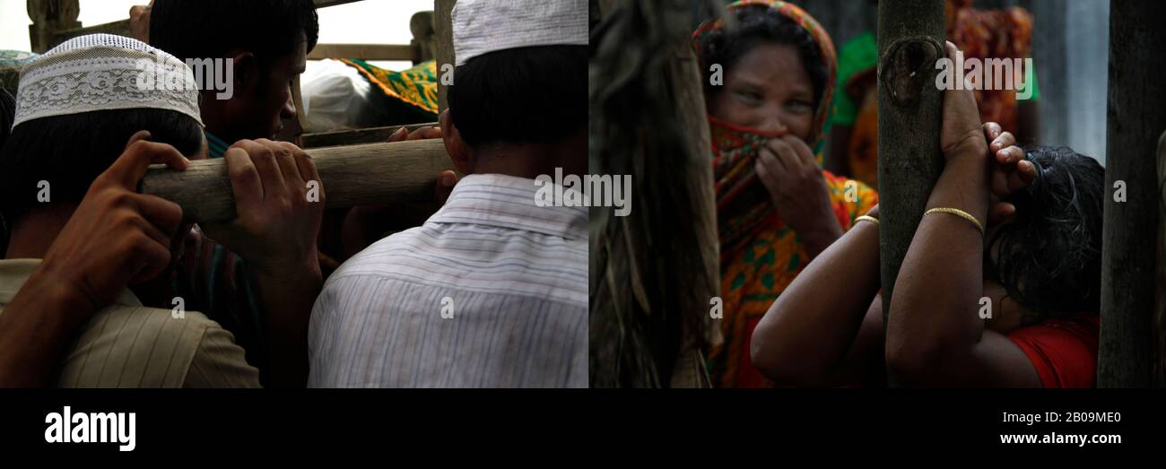 À gauche : les hommes portent le corps mort d'une personne décédée lors d'une collision entre un camion et un minibus à Hatgopalpur, Magura. 12 personnes sont mortes dans l'accident. Droite : les femmes pleurent sur la mort de leurs affectueuses dans l'accident. Hatgopalpur, Magura, Bangladesh. 25 Septembre 2011. Une des images de photo Story, Tears on Highways, de Noor Alam. Banque D'Images