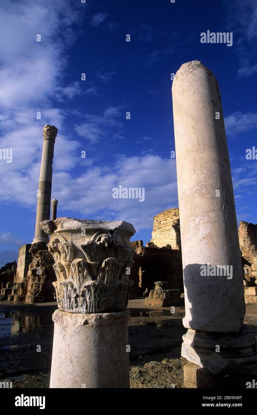 TUNISIE, TUNIS, CARTHAGE, VESTIGES DE LA VILLE PHÉNICIENNE ET ROMAINE, THERMES ANTONINE, COLONNES Banque D'Images