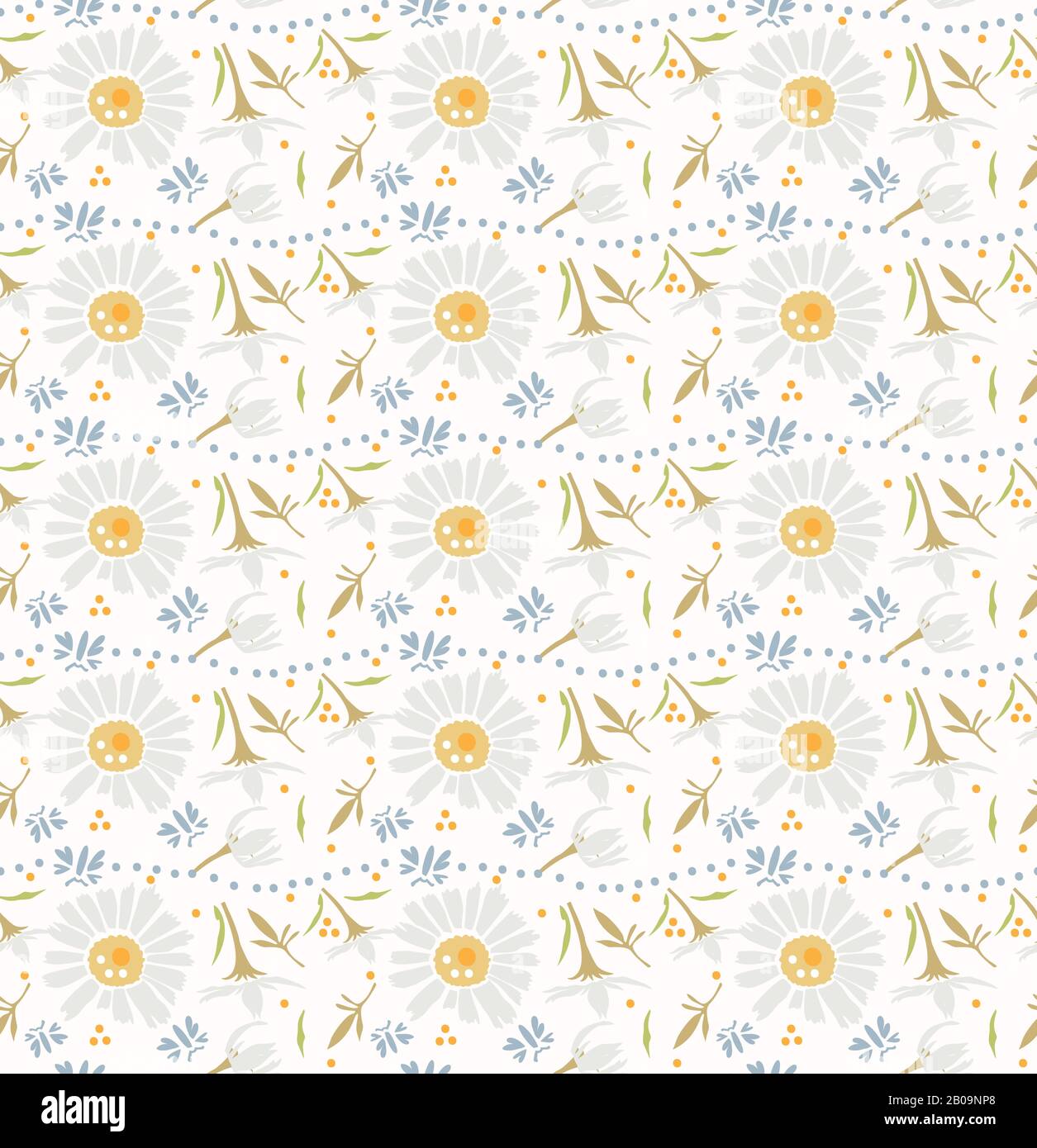 Motif De Fleurs Sauvages De Camomille Daisy Arrière-Plan. Motif Fleuri Margerite Naïf Sur Blanc. Feuilles Délicates Textiles Tracées À La Main. Ressort et Illustration de Vecteur