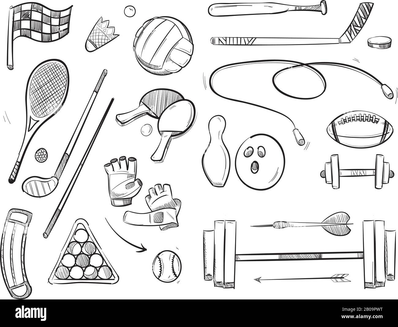 Doodle croquis sports et fitness icônes vectorielles. Boule d'esquisse pour le volley-ball et dessin esquisse sauter corde et badminton illustration Illustration de Vecteur