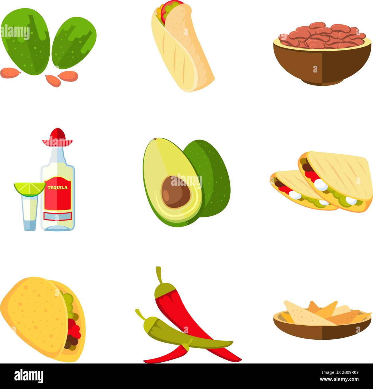 Taco mexicain, burrito et nachos alimentaires, avocat, tequila, rouge poivre chaud vecteur icônes de dessin animé. Cuisine mexicaine traditionnelle, illustration de la tequila mexicaine avec de la chaux Illustration de Vecteur