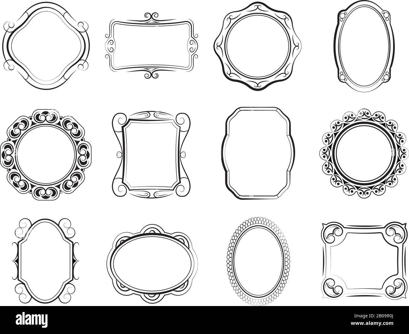 Cadres carrés et photo dessinés à la main, bordures de gribouille victorienne vierges, boîte ancienne pour la peinture vectorielle. Ensemble de cadres pour la photo ou l'image, illustrateur de cadre de décoration dans le style victorien Illustration de Vecteur
