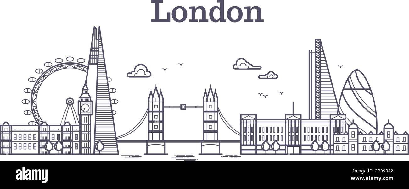 Les gratte-ciel de Londres avec des bâtiments célèbres, les sites touristiques de l'angleterre présentent des illustrations vectorielles. Ligne london panorama bâtiment, ville de l'architecture de la ville de londres Illustration de Vecteur