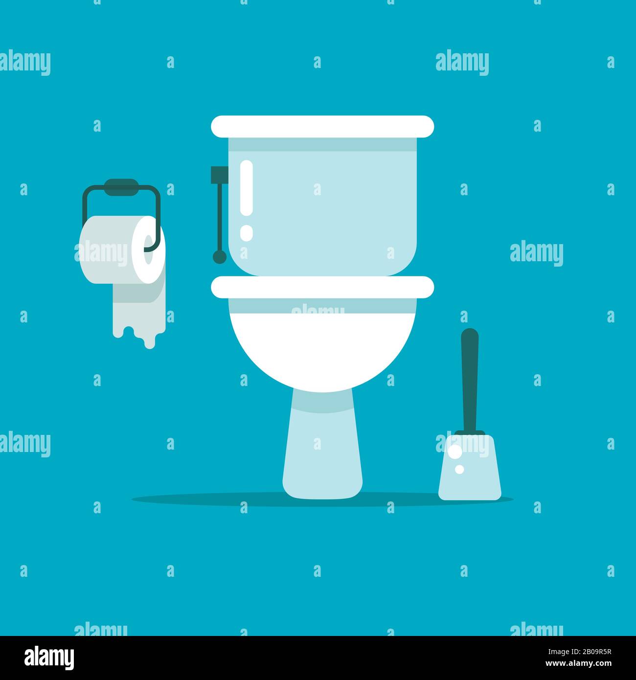 Toilette, cuvette de toilettes, bidet avec papier toilette et illustration vectorielle de brosse de toilettes. Salle de toilette avec brosse et papier Illustration de Vecteur
