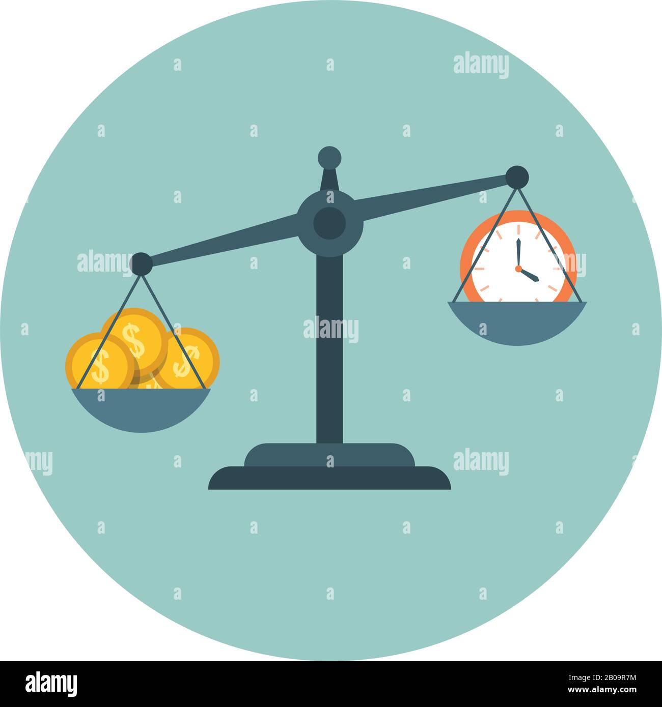 Le temps est de l'argent, l'échelle mesurant le concept commercial vectoriel de gestion du temps plat. Horloge sur scalepan et illustration argent sur d'autres scalepan Illustration de Vecteur