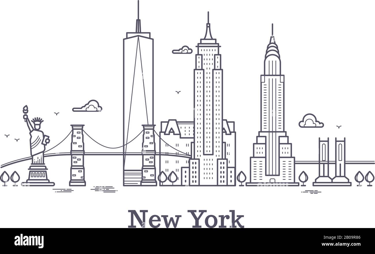 Ville de New York contours horizon, silhouette de ligne nyc, concept de vecteur touristique et de voyage aux états-unis. Illustration urbaine de l'architecture de New York Illustration de Vecteur