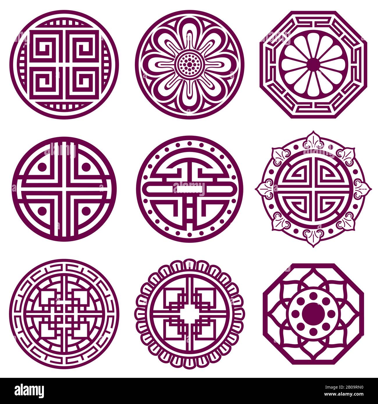 Ornement coréen, symboles vectoriels traditionnels asiatiques, motif de salle de bains. Éléments ronds dans le style traditionnel coréen, illustration du tatouage coréen Illustration de Vecteur