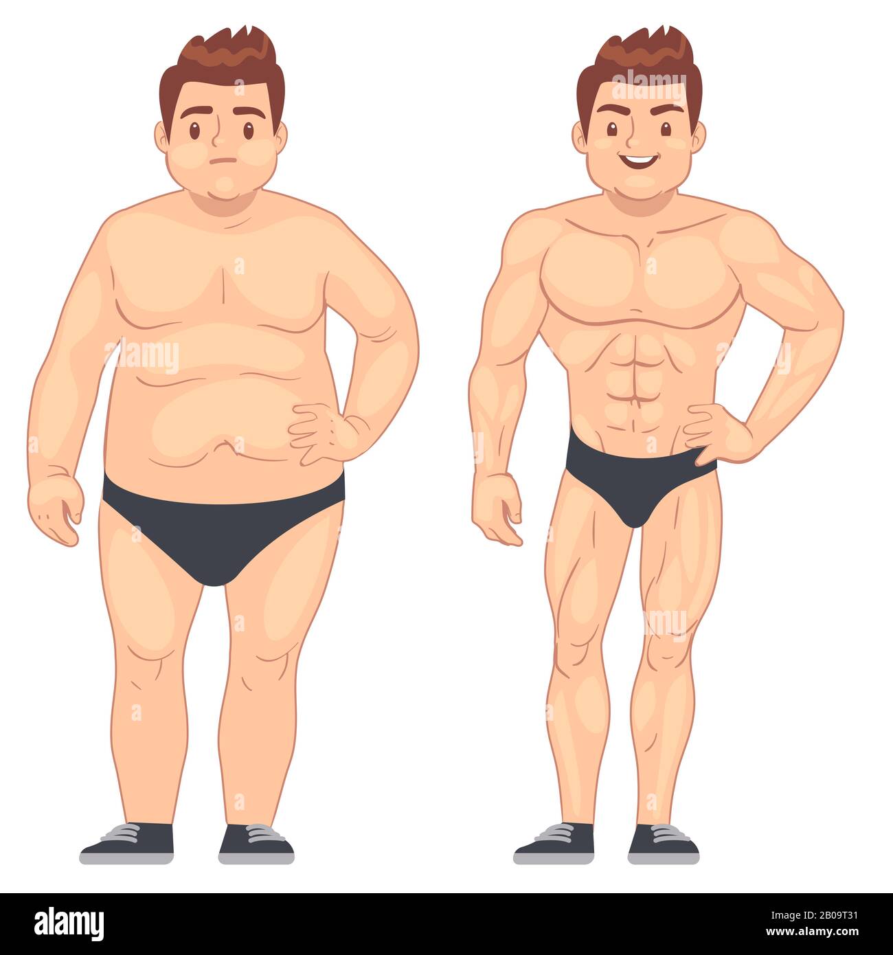 Dessin animé musclé et gros homme, gars avant et après le sport. Perte