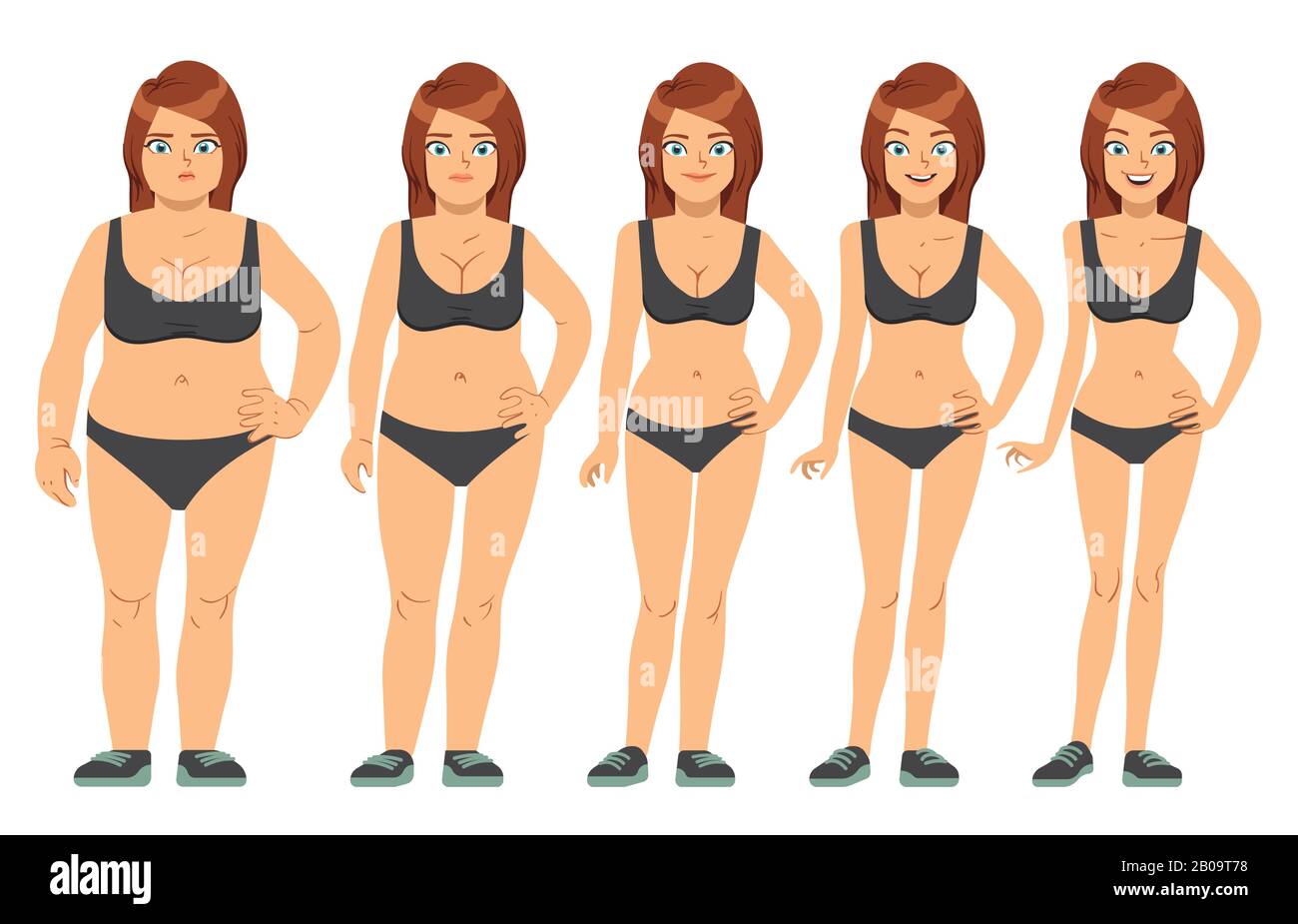 Fille, jeune femme avant et après le régime et la forme physique. Illustration vectorielle des étapes de perte de poids. Figure parfaite femme, illustration de la figure santé mince femme Illustration de Vecteur