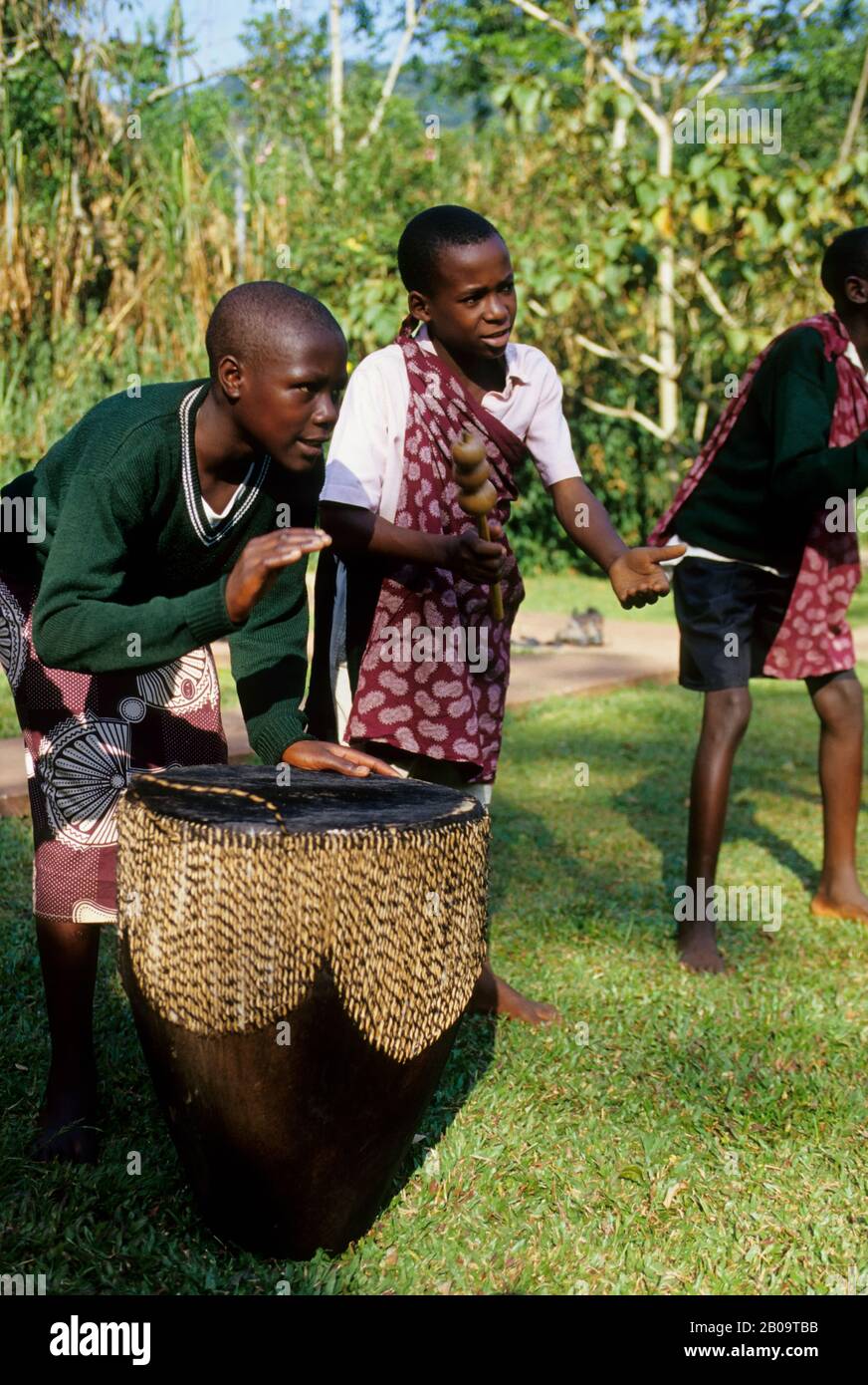 OUGANDA, BWINDI, CAMP FORESTIER DE GORILLA, SPECTACLE DE DANSE DES ENFANTS ORPHELINS, BATTERIE Banque D'Images