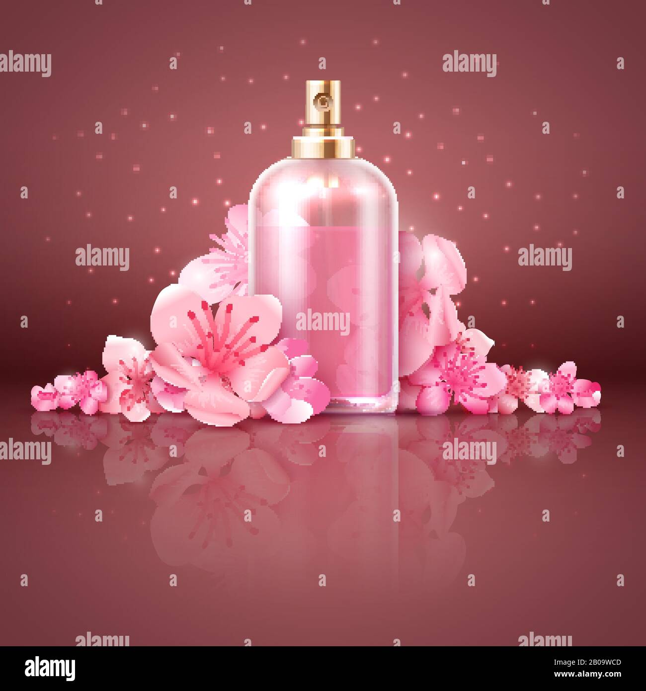 Soigner le produit biologique de la peau avec l'illustration vectorielle des fleurs de cerisier sakura japonaises. Bouteille de produit cosmétique de féminité, cosmétique naturelle pour la peau Illustration de Vecteur