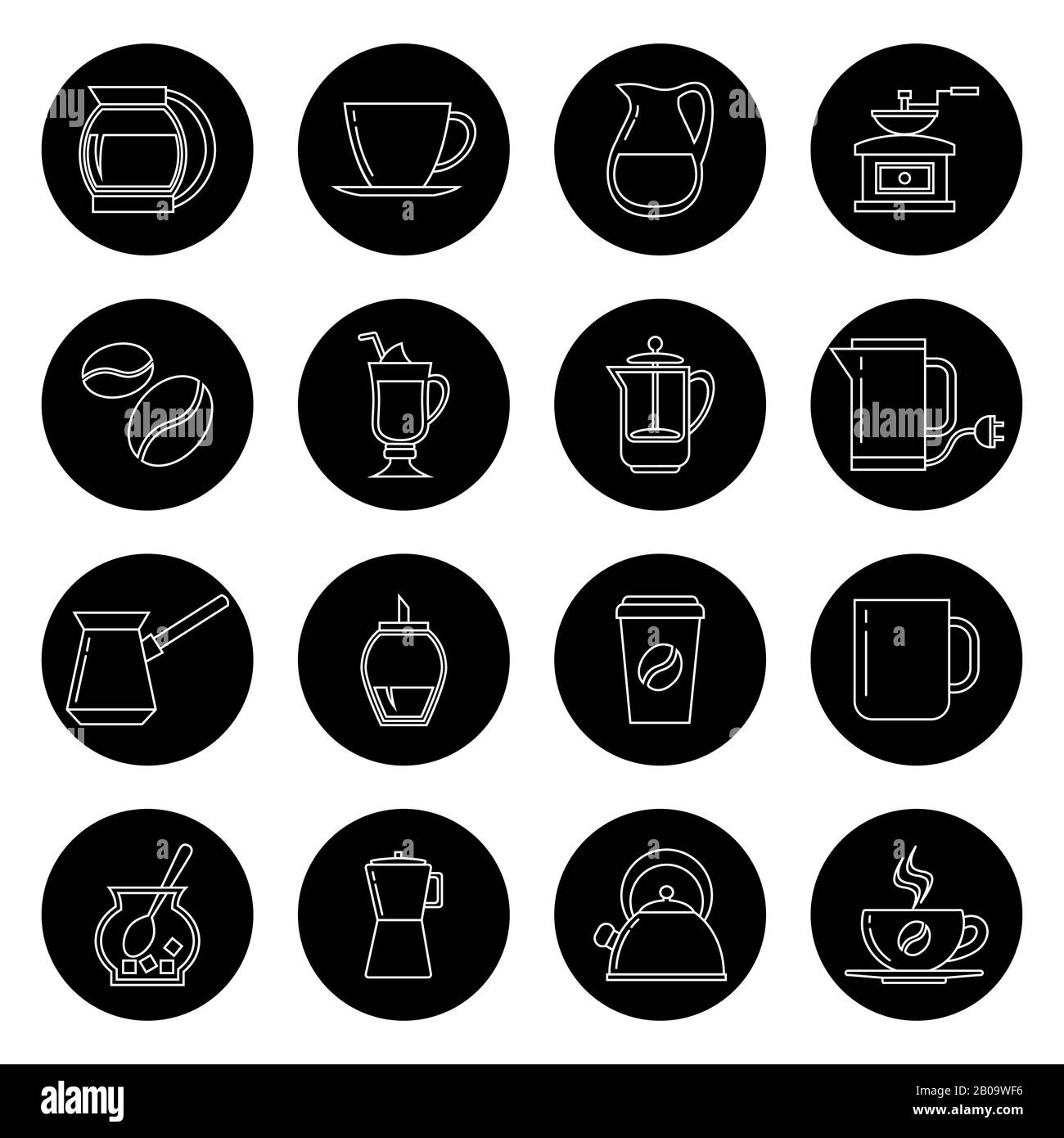 Icônes vectorielles de la fine ligne du café définies en noir et blanc. Illustration des icônes de collection linéaire monochrome Illustration de Vecteur