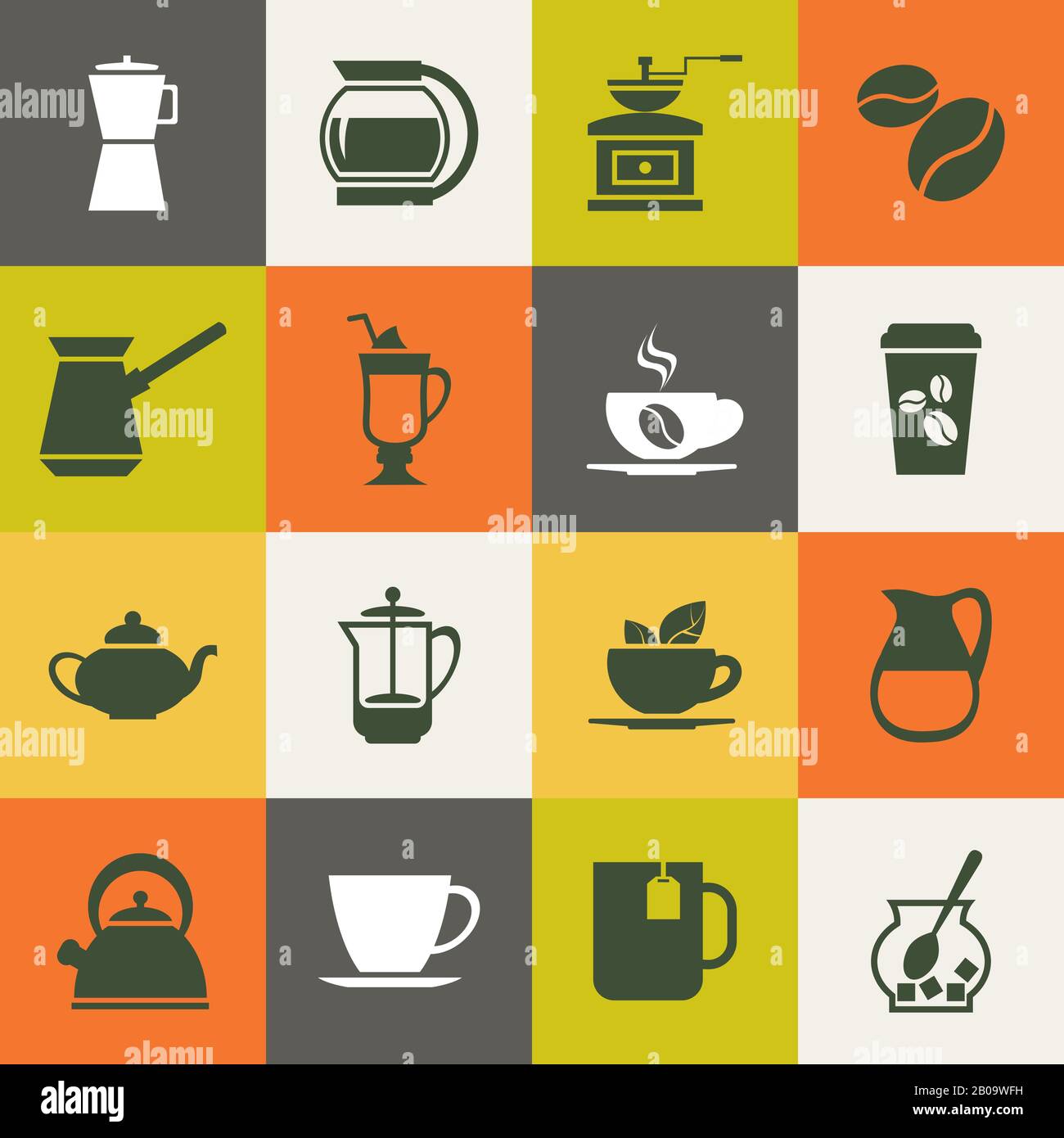 Ensemble d'icônes vectorielles de café multicolore. Illustration de l'étiquette avec boisson chaude Illustration de Vecteur
