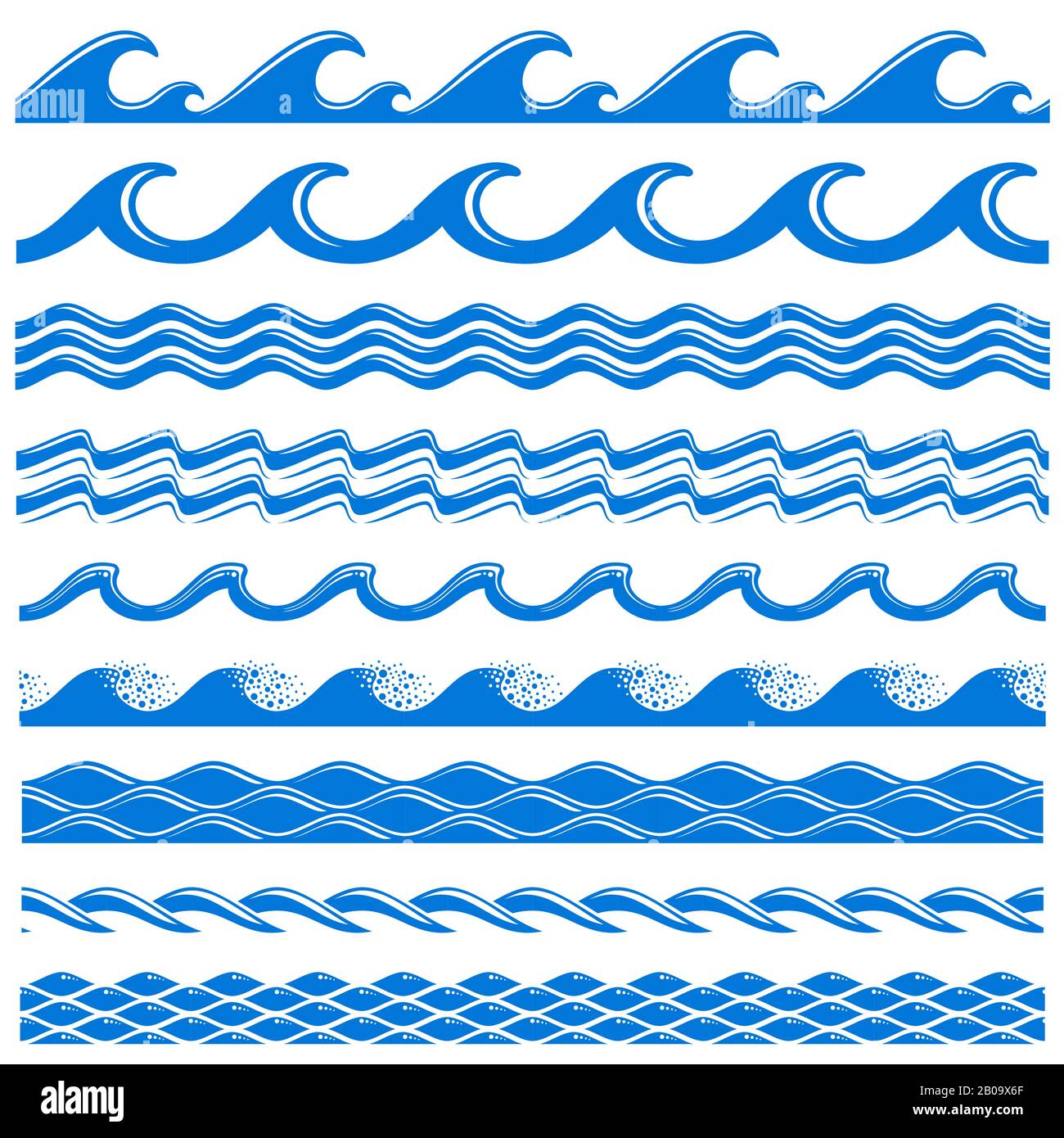Les vagues de l'eau de mer vecteur des frontières sans soudure ensemble. Mer à vagues décorative, illustration de la vague de bordure de mer à motif d'eau Illustration de Vecteur