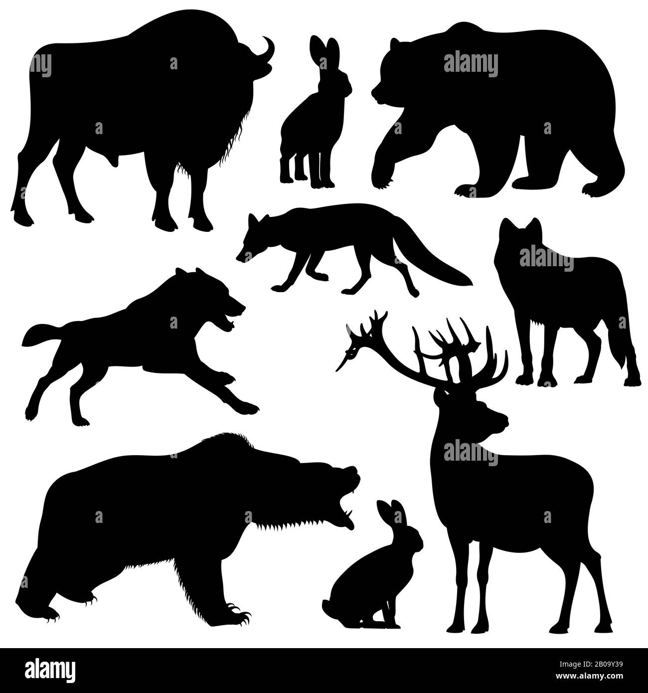 Le vecteur noir présente les silhouettes des animaux sauvages de la forêt. Collection d'animaux cerf et renard de taureau, illustration d'animaux divers Illustration de Vecteur