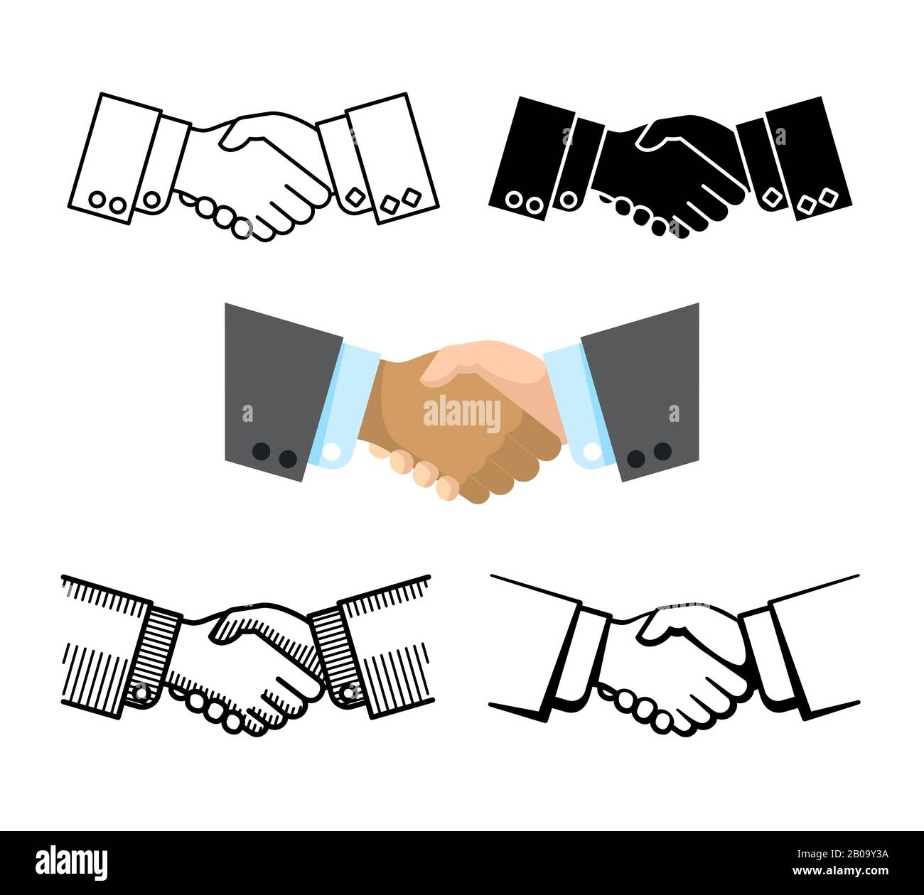 Poignée de main, partenariat d'affaires, icônes vectorielles d'accord, ensemble de couleur de poignée de main et linéaire, illustration de poignée de main d'amitié Illustration de Vecteur